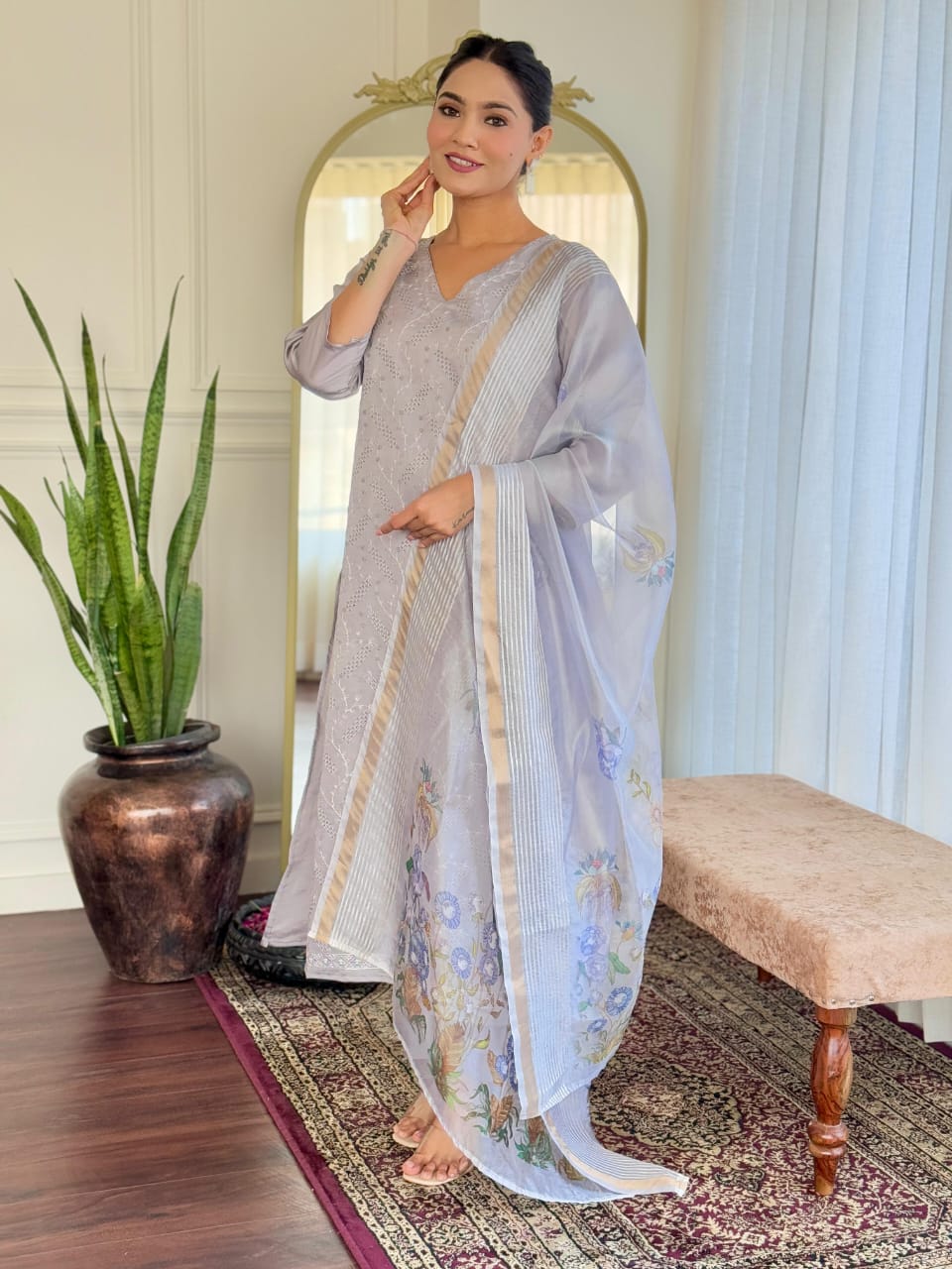 Light Grey Chikankari Suit Set with Floral Dupatta