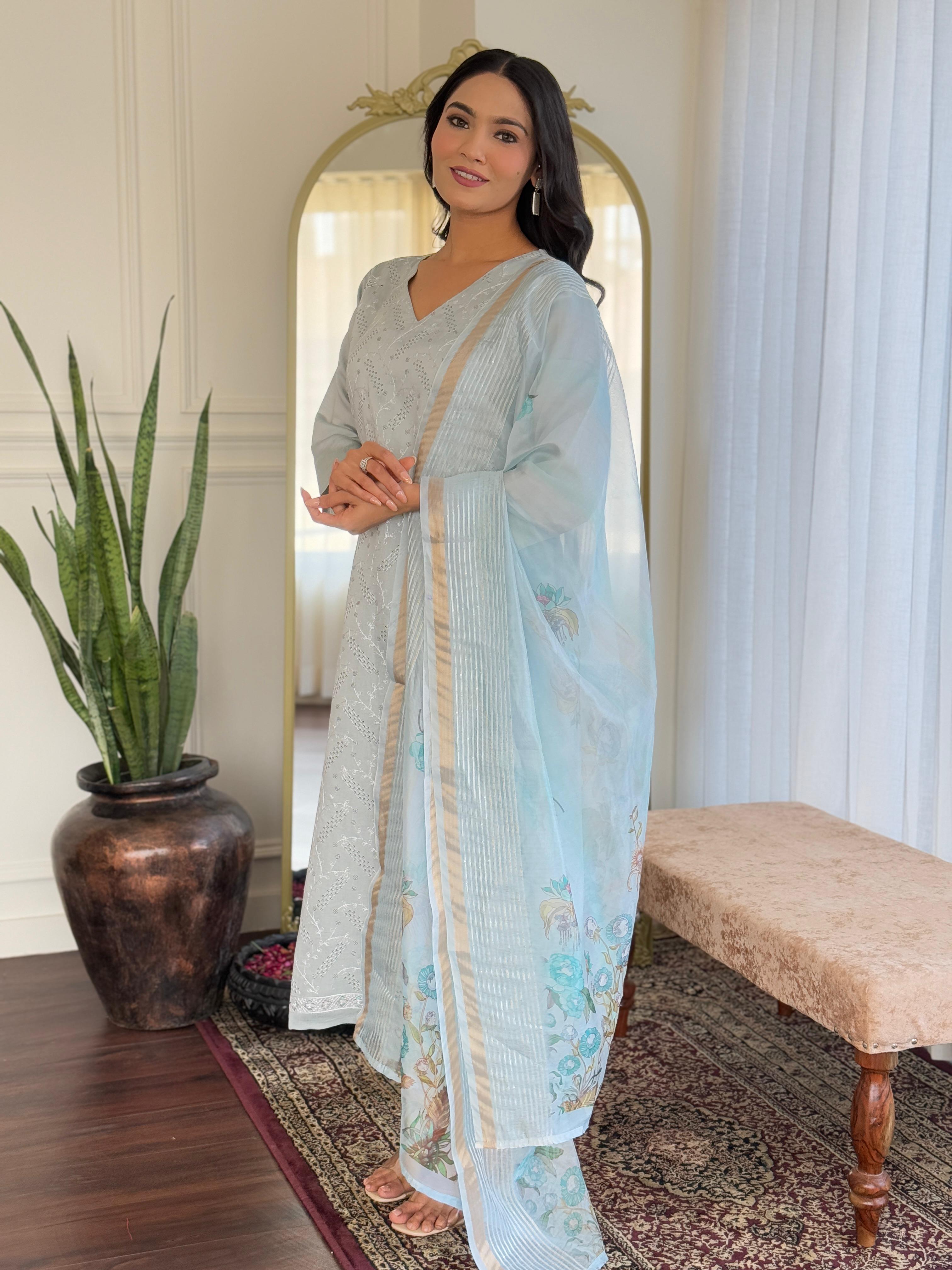 Sky Blue Chikankari Suit Set with Floral Dupatta