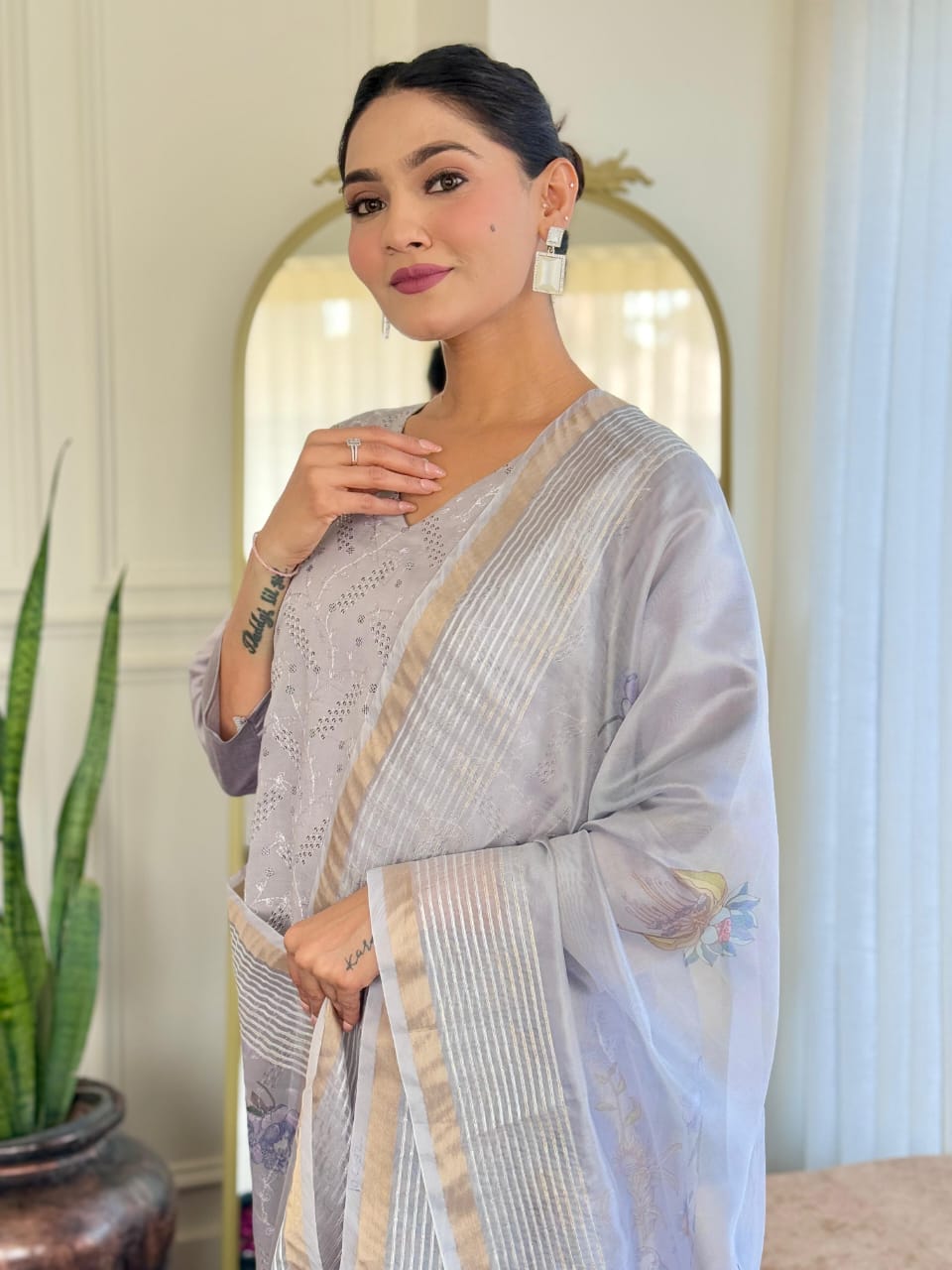 Light Grey Chikankari Suit Set with Floral Dupatta