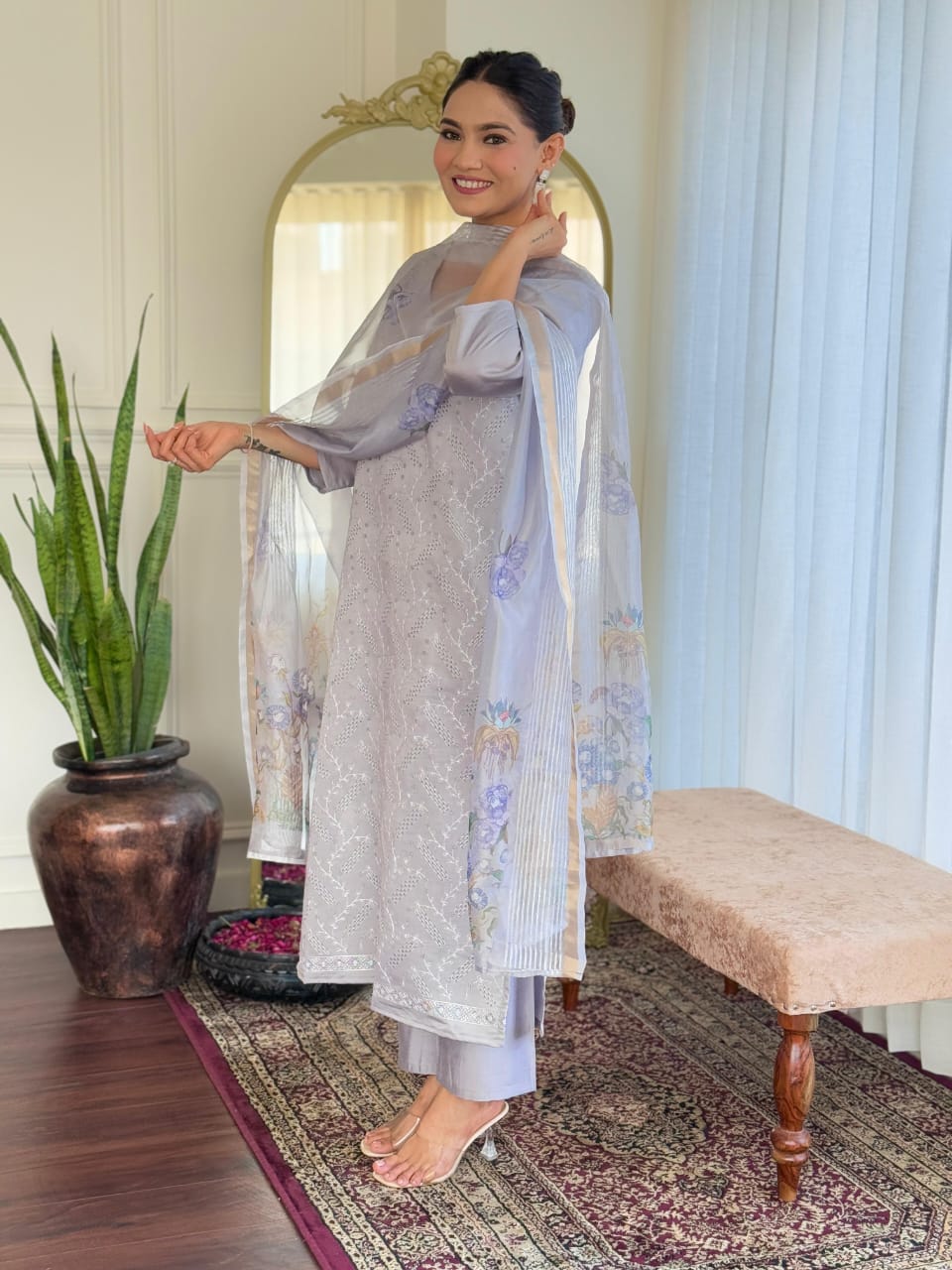 Light Grey Chikankari Suit Set with Floral Dupatta