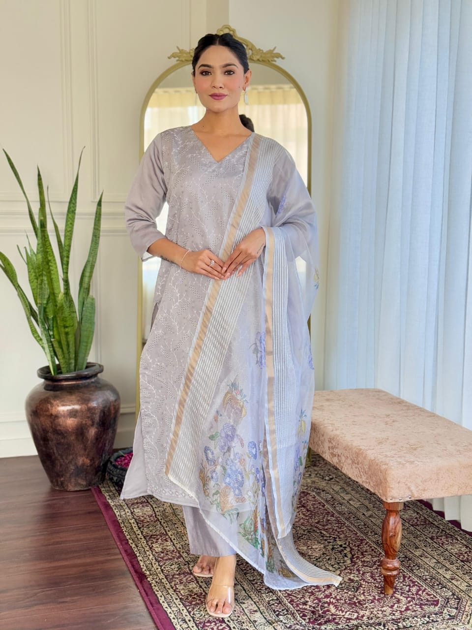 Light Grey Chikankari Suit Set with Floral Dupatta