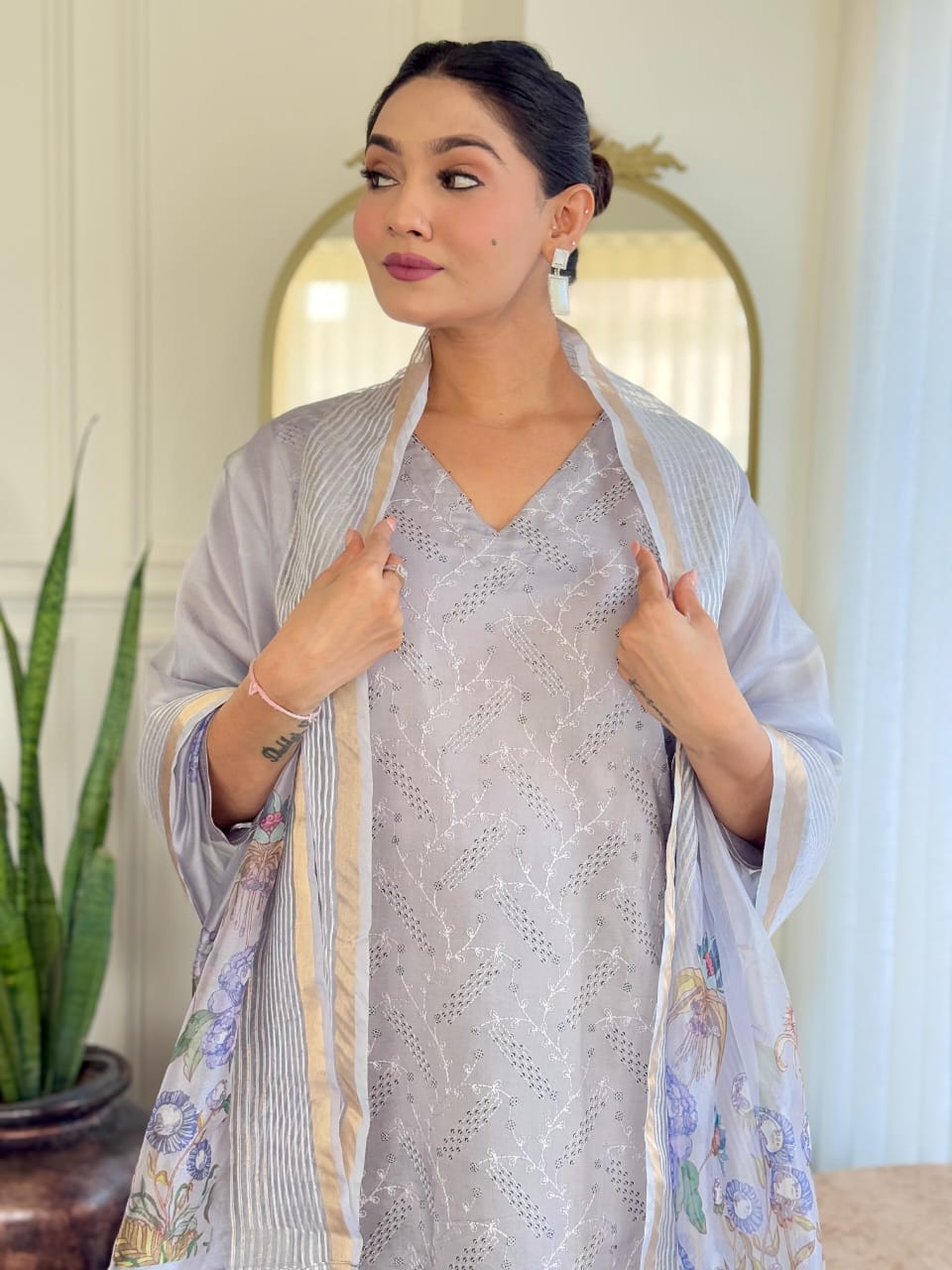 Light Grey Chikankari Suit Set with Floral Dupatta