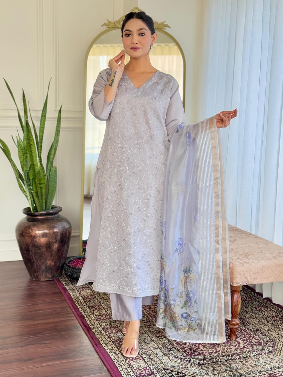 Light Grey Chikankari Suit Set with Floral Dupatta
