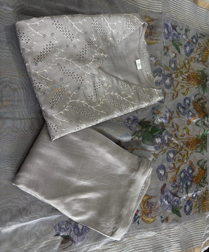 Light Grey Chikankari Suit Set with Floral Dupatta