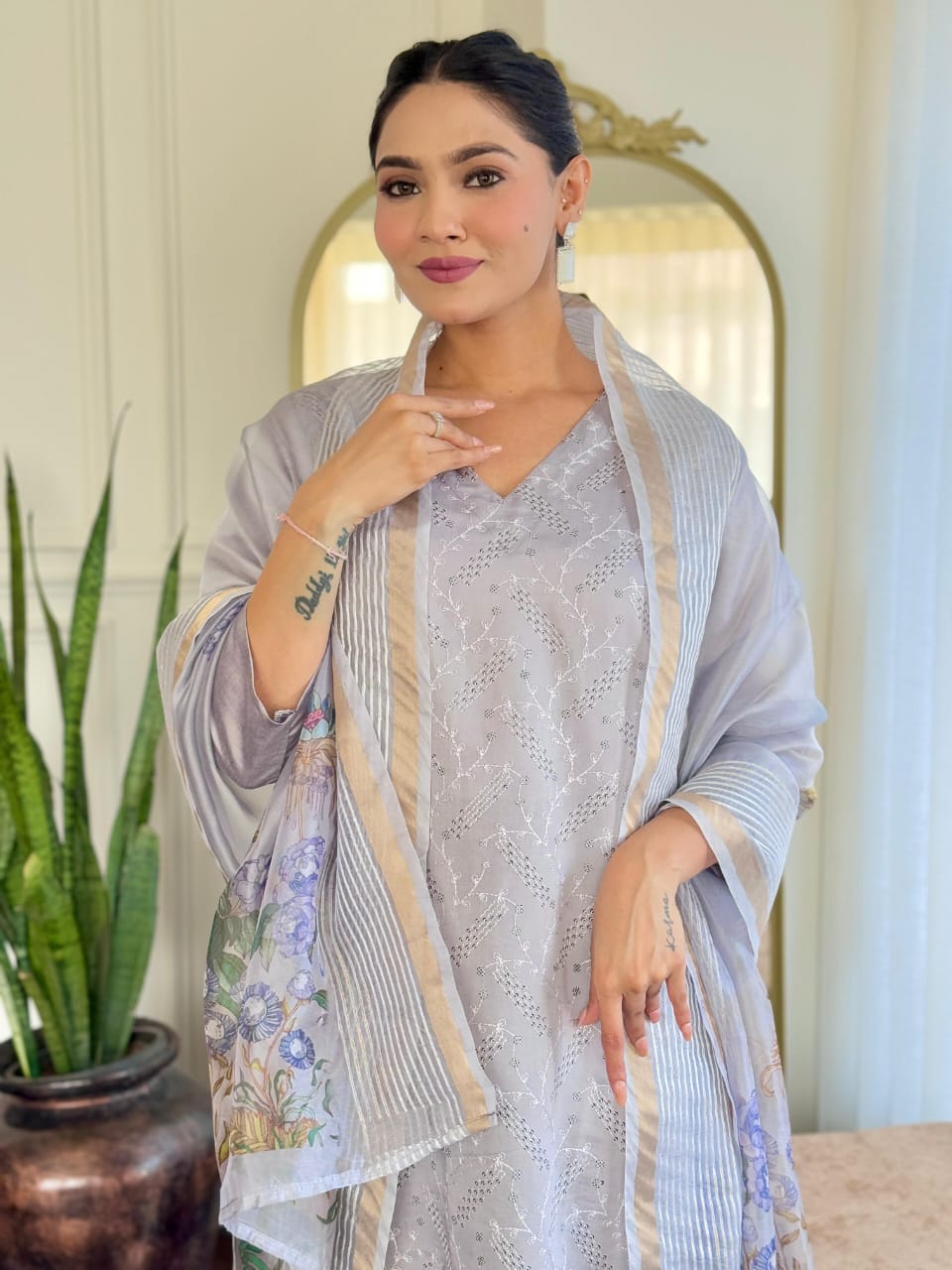 Light Grey Chikankari Suit Set with Floral Dupatta