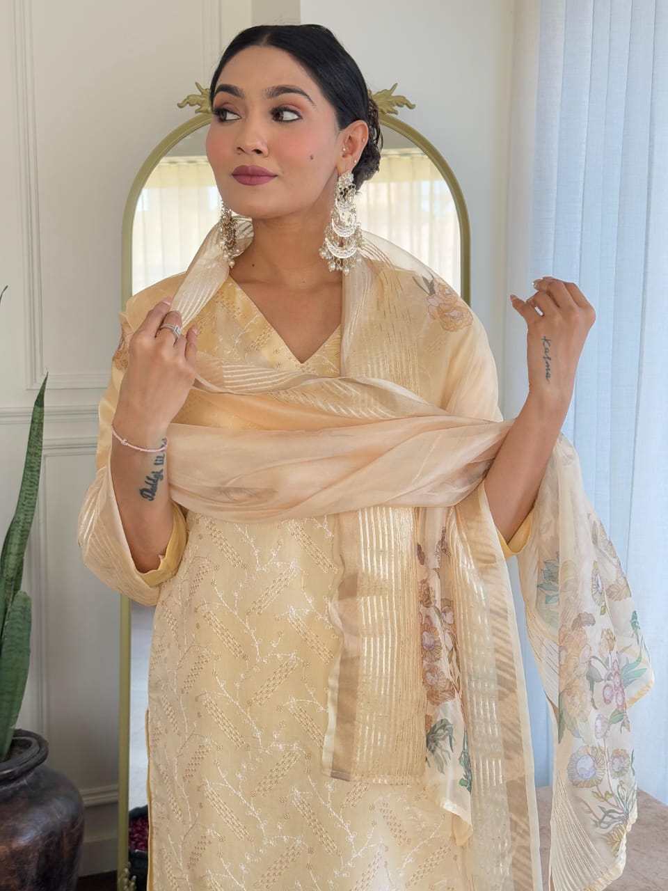 Beige Chikankari  Kurta Set with Sheer Floral Dupatta