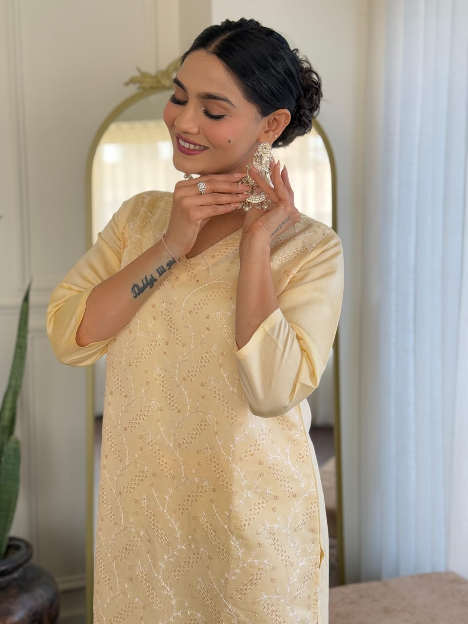 Beige Chikankari  Kurta Set with Sheer Floral Dupatta