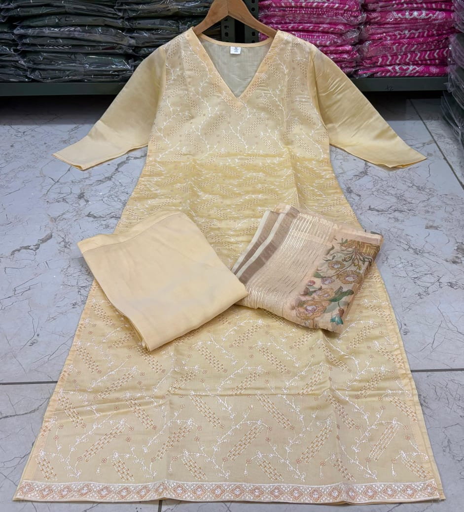 Beige Chikankari  Kurta Set with Sheer Floral Dupatta
