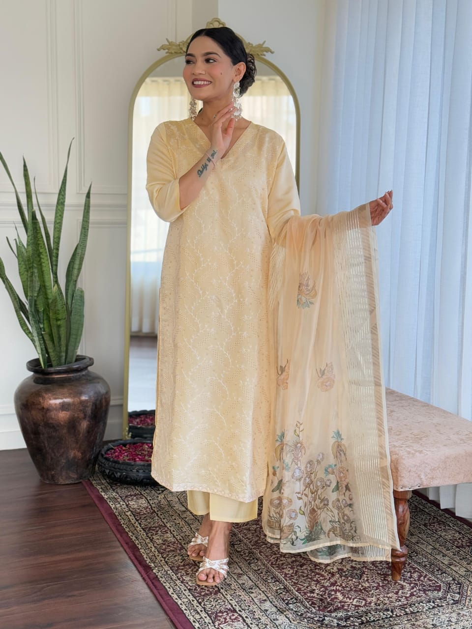 Beige Chikankari  Kurta Set with Sheer Floral Dupatta