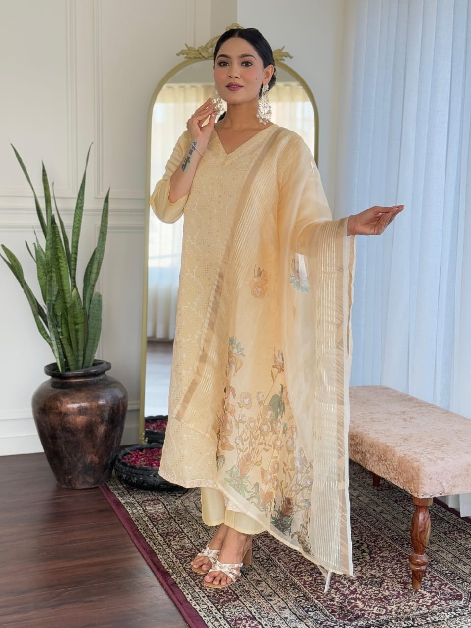 Beige Chikankari  Kurta Set with Sheer Floral Dupatta
