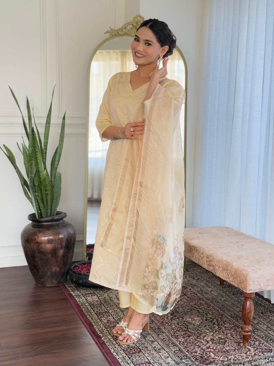 Beige Chikankari  Kurta Set with Sheer Floral Dupatta