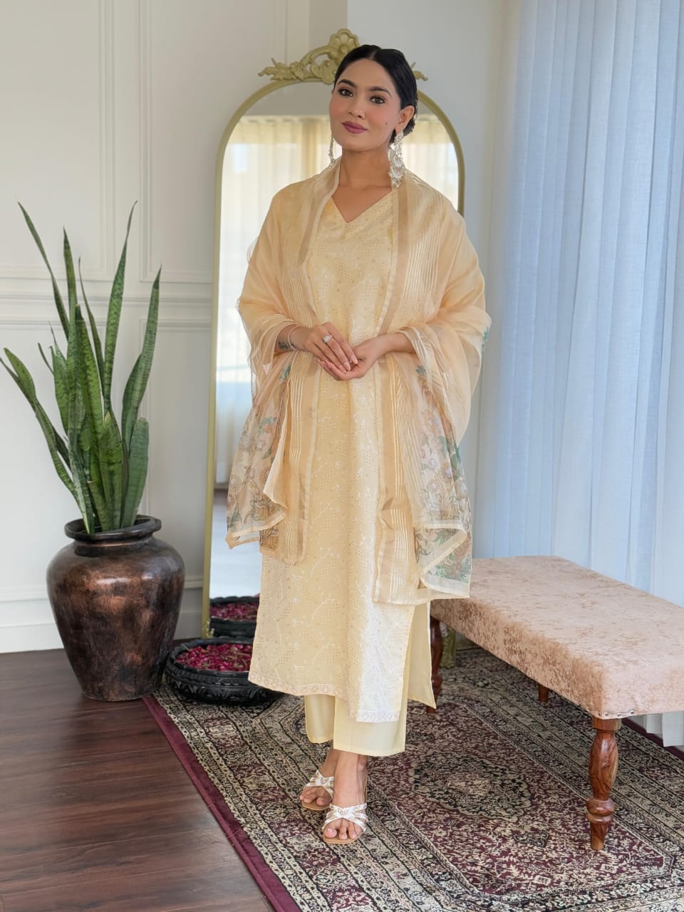 Beige Chikankari  Kurta Set with Sheer Floral Dupatta