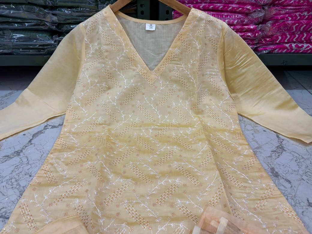 Beige Chikankari  Kurta Set with Sheer Floral Dupatta