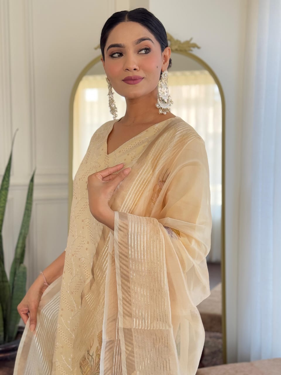Beige Chikankari  Kurta Set with Sheer Floral Dupatta