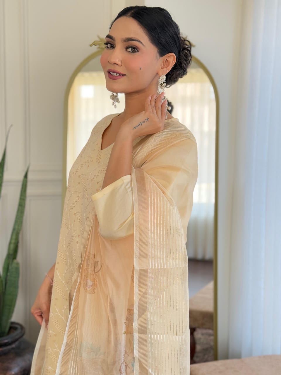 Beige Chikankari  Kurta Set with Sheer Floral Dupatta
