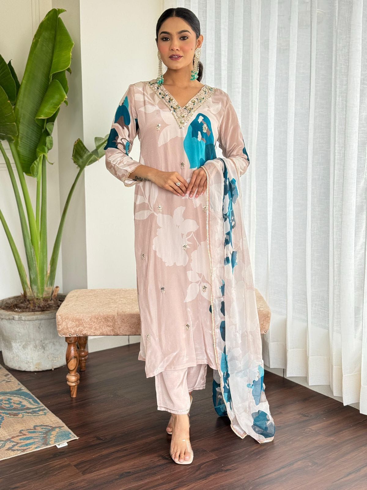 Beige & Blue Floral Muslin Kurta Set with Dupatta