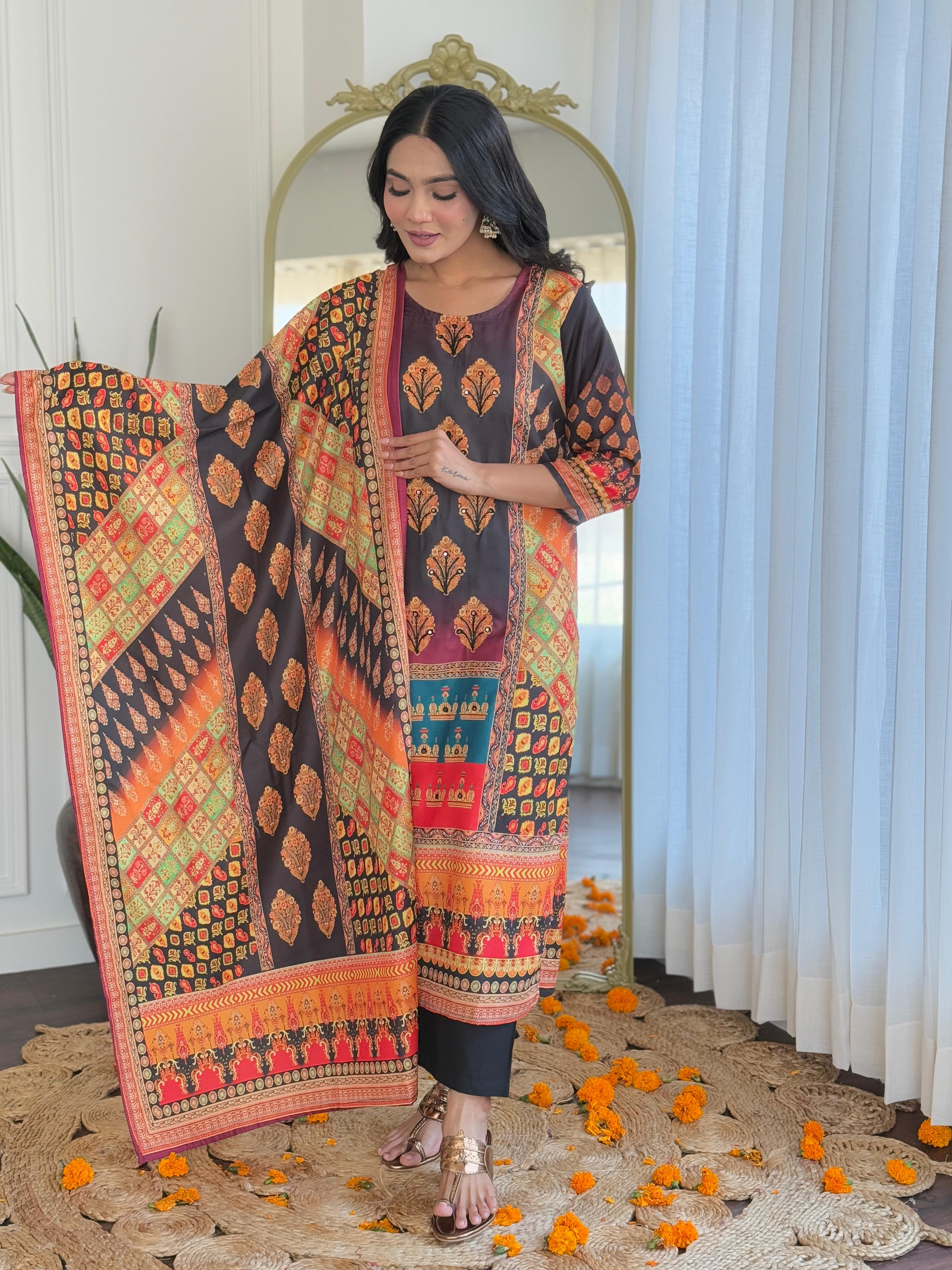 Royal Black & Rust Digital Printed Muslin Suit Set with Intricate Traditional Motifs