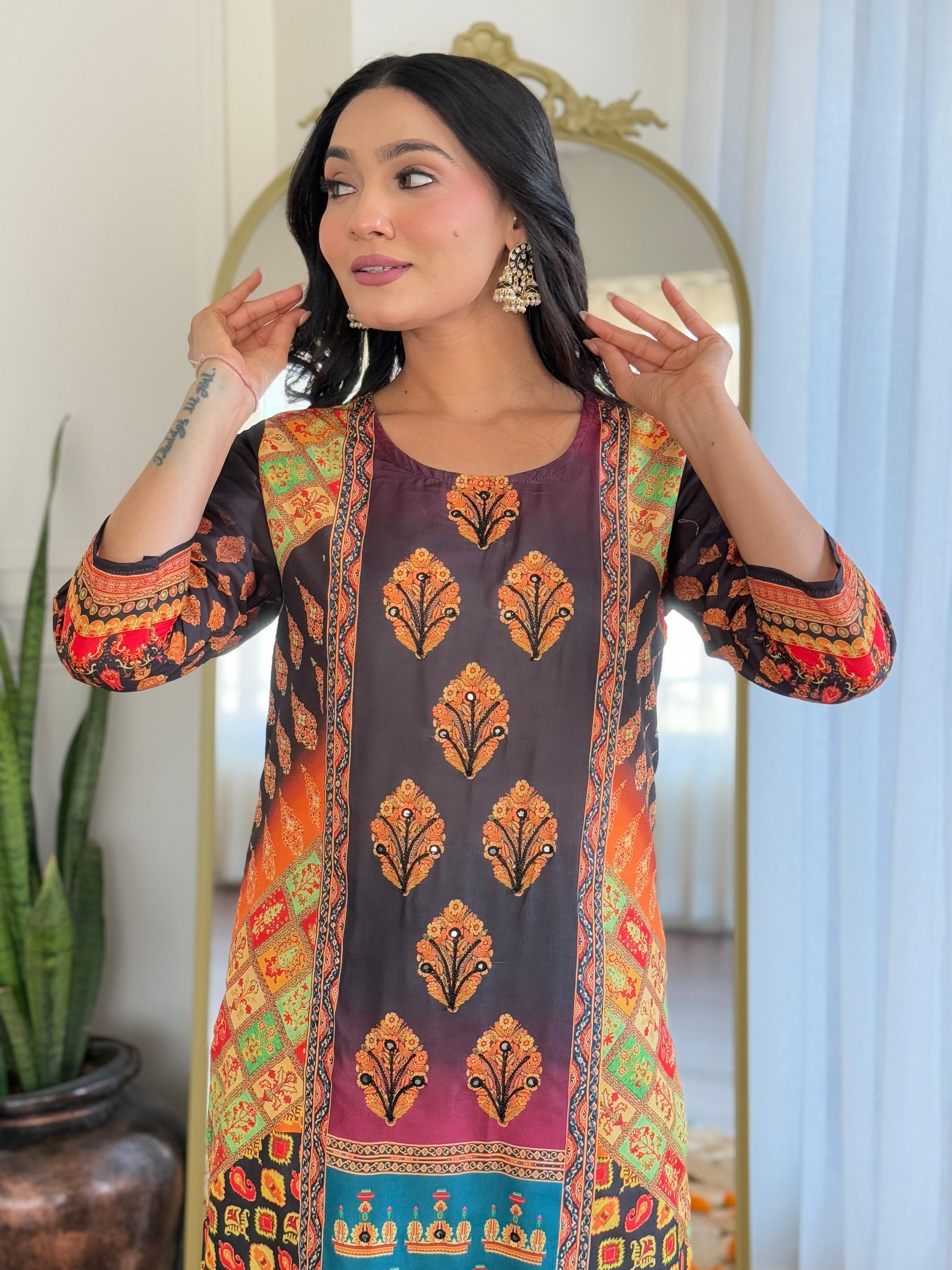 Royal Black & Rust Digital Printed Muslin Suit Set with Intricate Traditional Motifs