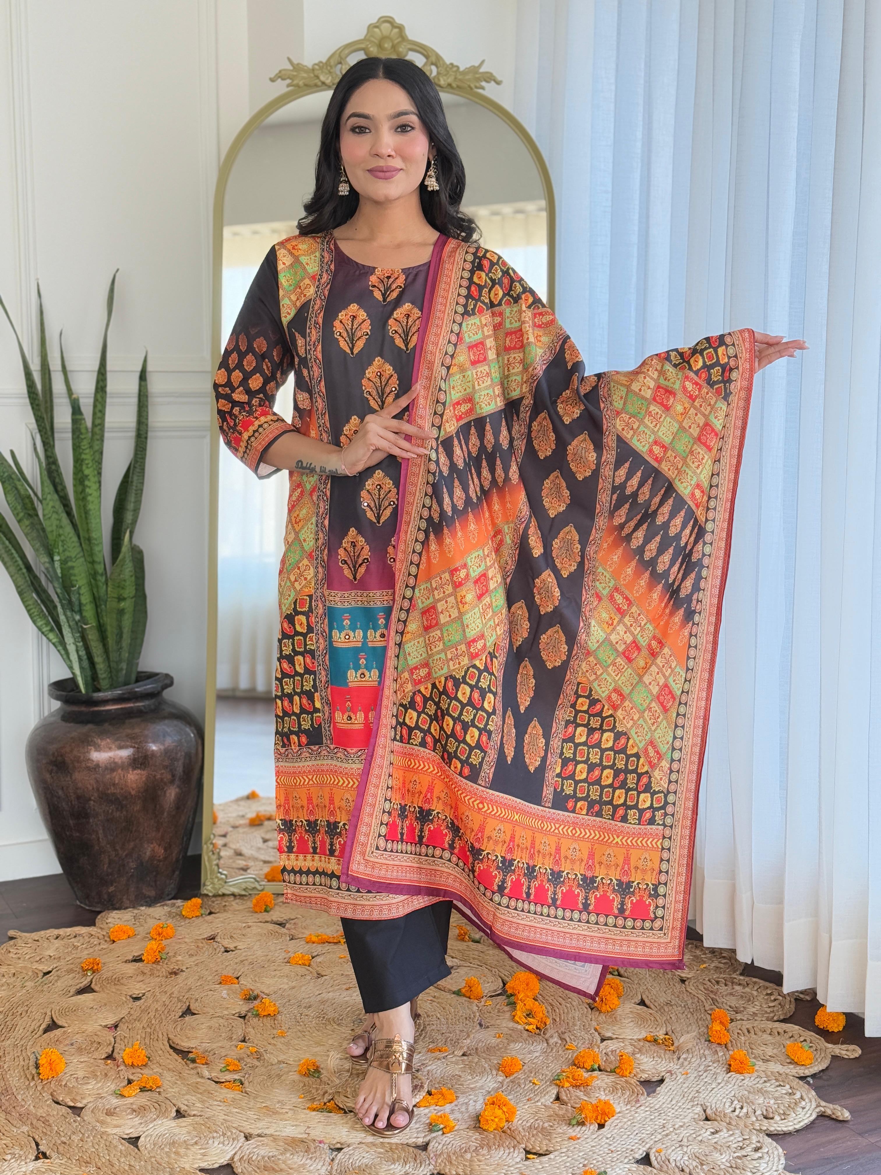 Royal Black & Rust Digital Printed Muslin Suit Set with Intricate Traditional Motifs