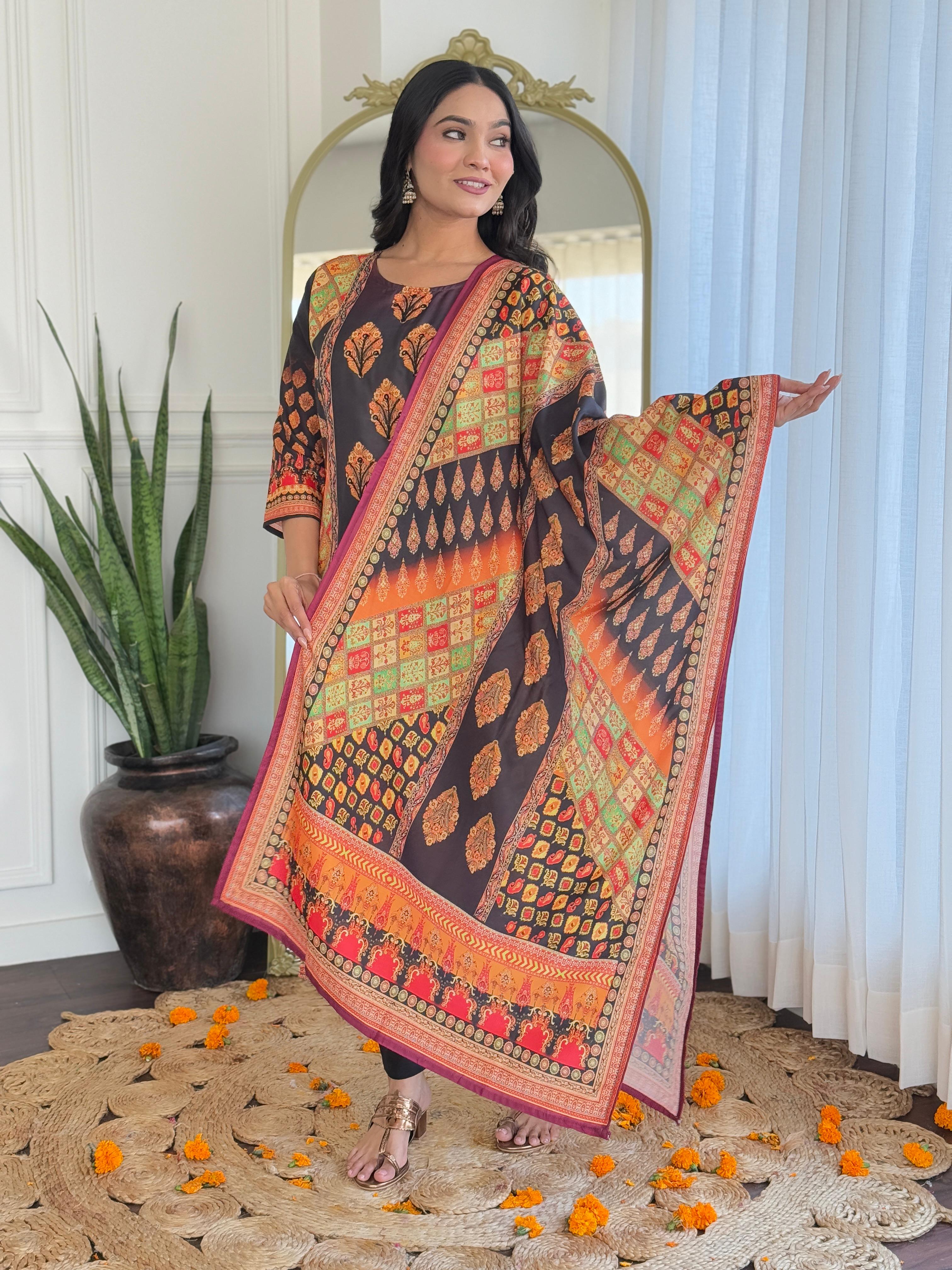 Royal Black & Rust Digital Printed Muslin Suit Set with Intricate Traditional Motifs
