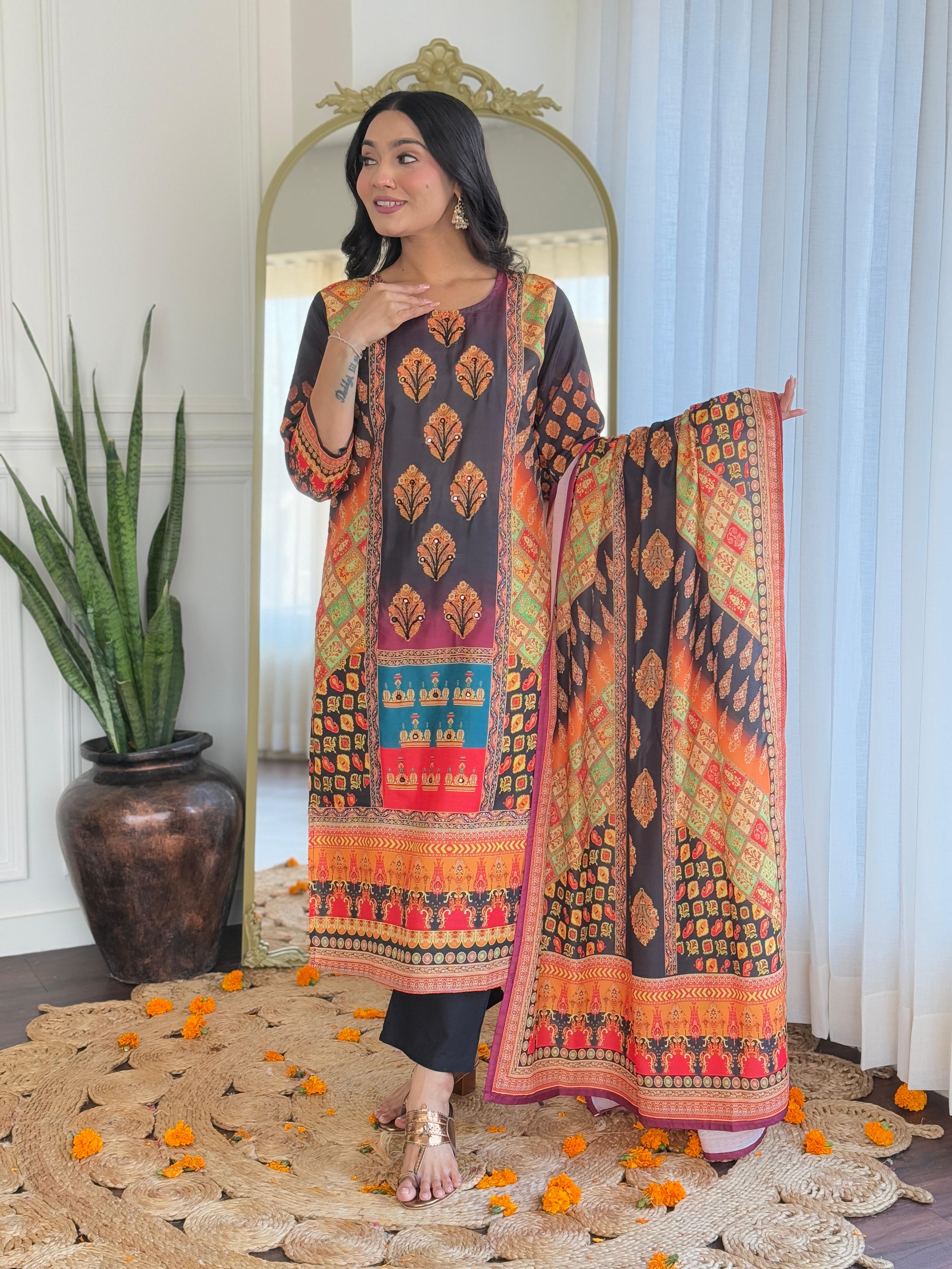 Royal Black & Rust Digital Printed Muslin Suit Set with Intricate Traditional Motifs