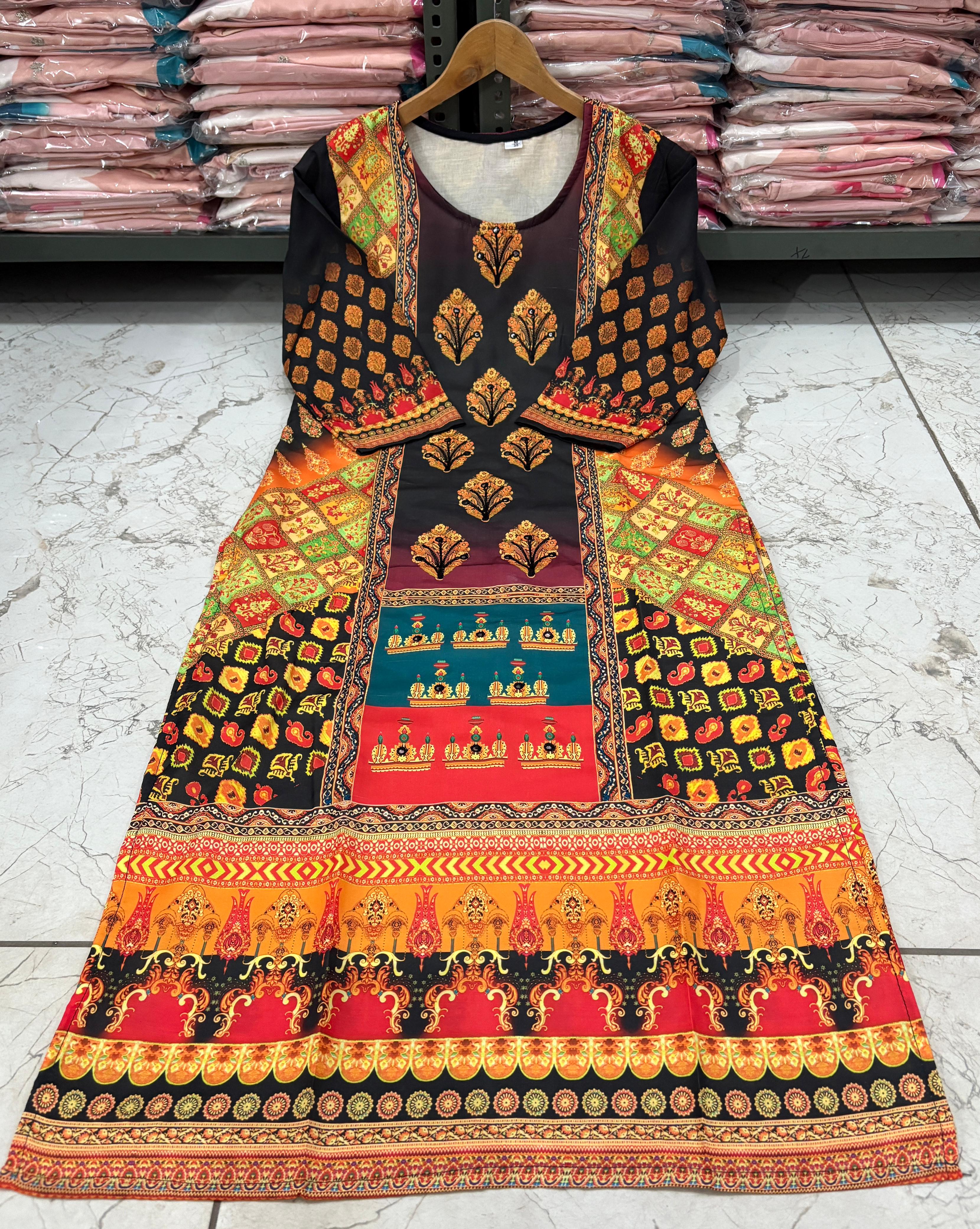 Royal Black & Rust Digital Printed Muslin Suit Set with Intricate Traditional Motifs