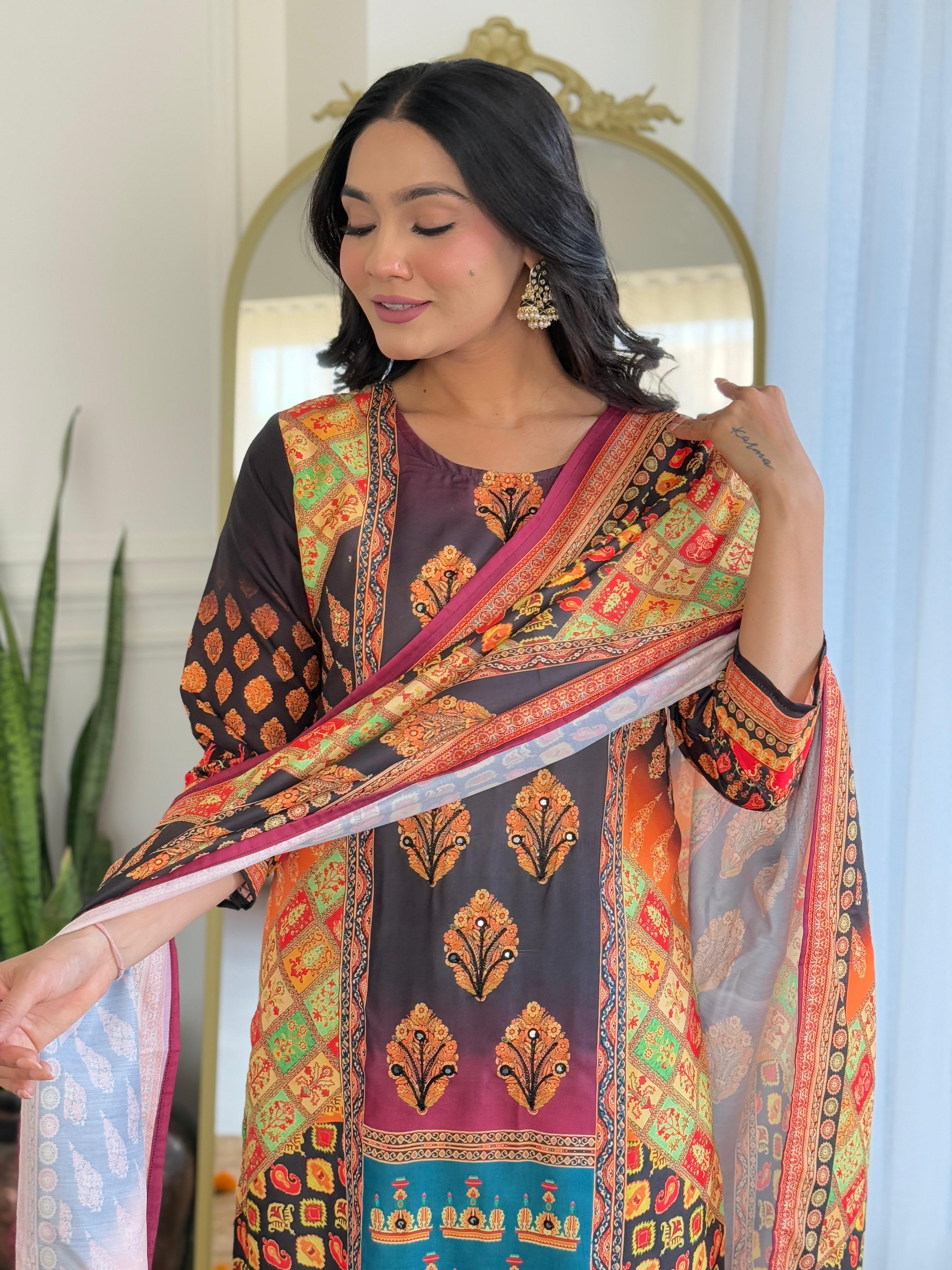 Royal Black & Rust Digital Printed Muslin Suit Set with Intricate Traditional Motifs