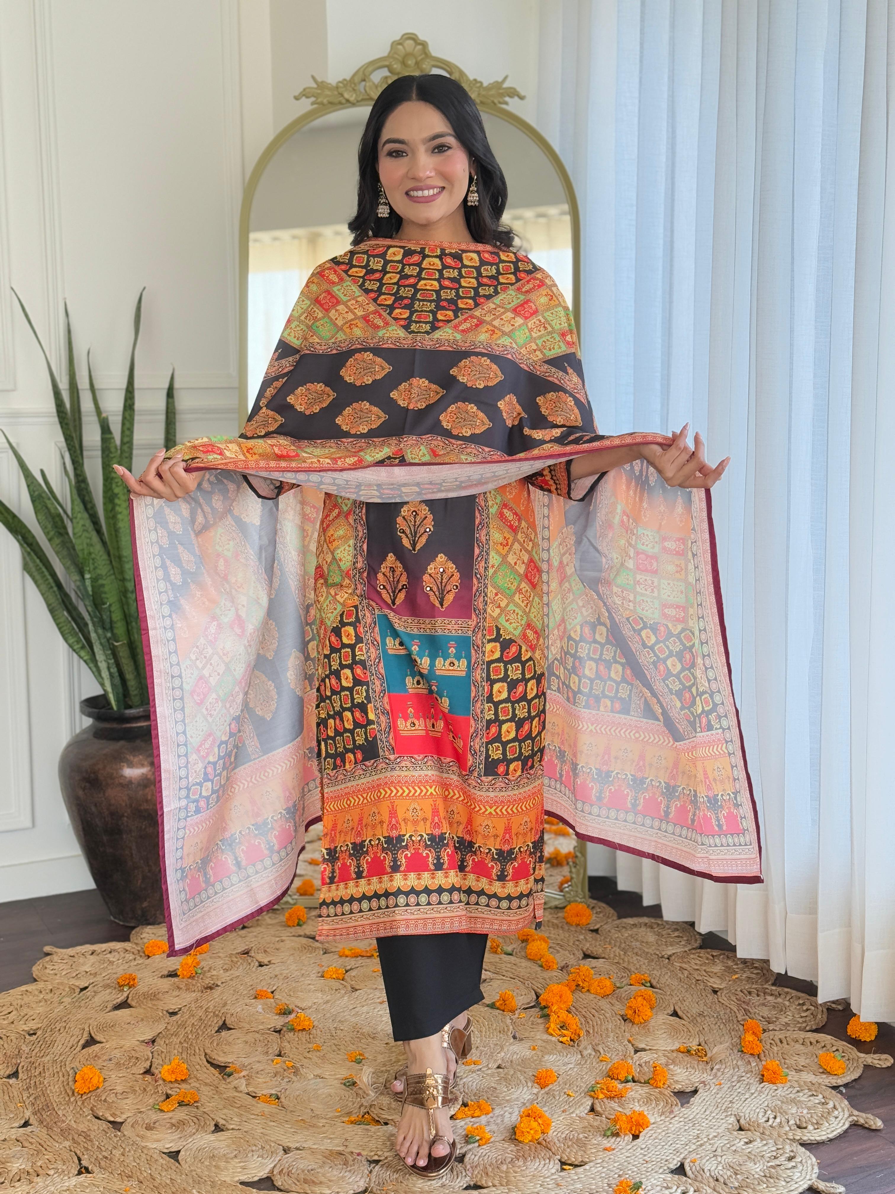 Royal Black & Rust Digital Printed Muslin Suit Set with Intricate Traditional Motifs