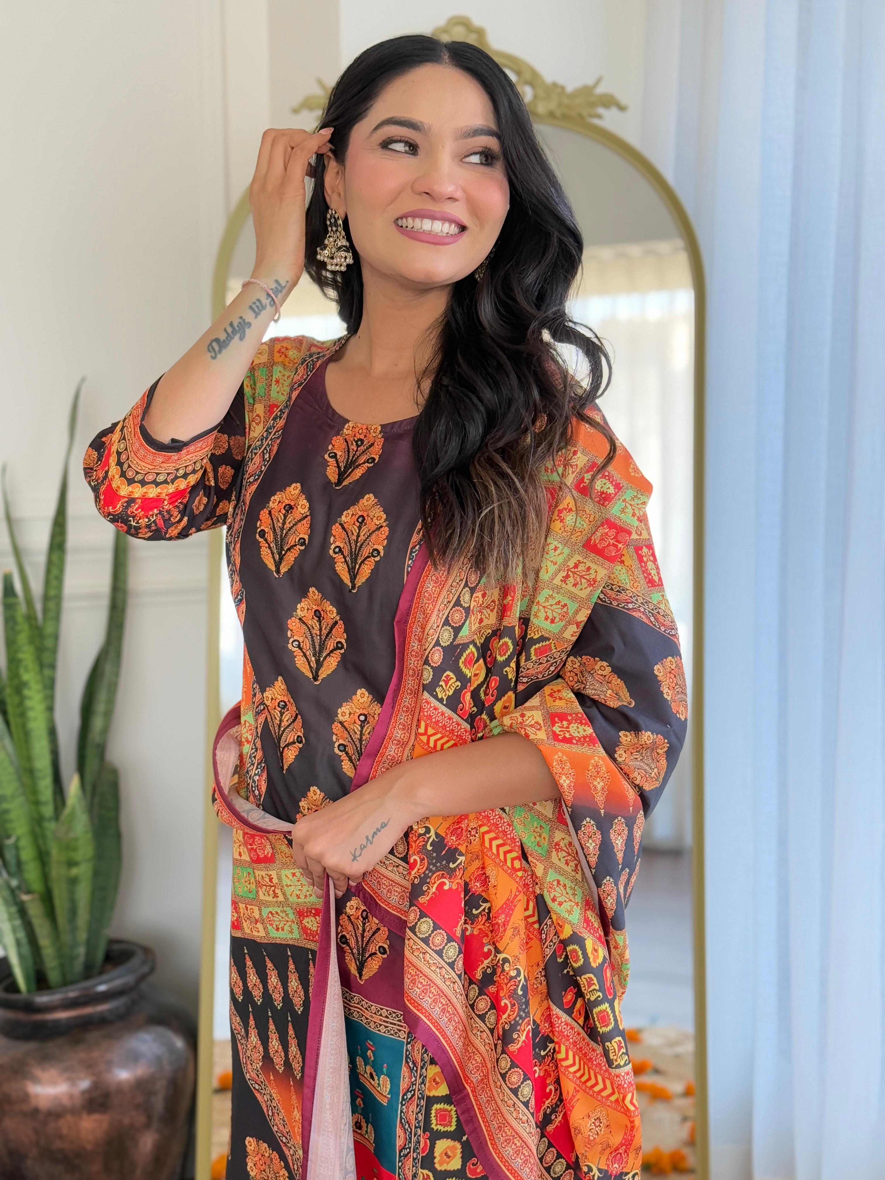 Royal Black & Rust Digital Printed Muslin Suit Set with Intricate Traditional Motifs
