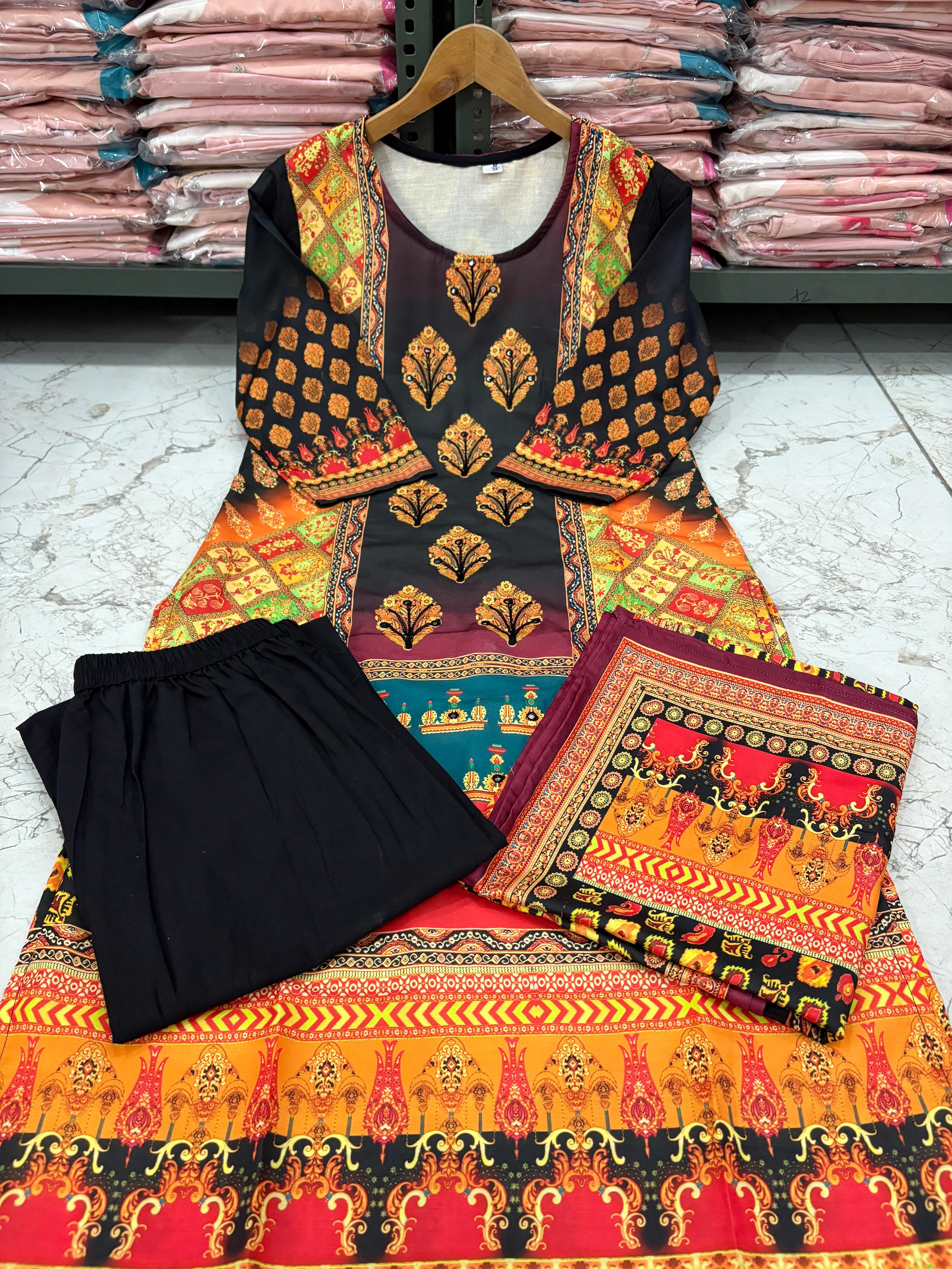 Royal Black & Rust Digital Printed Muslin Suit Set with Intricate Traditional Motifs