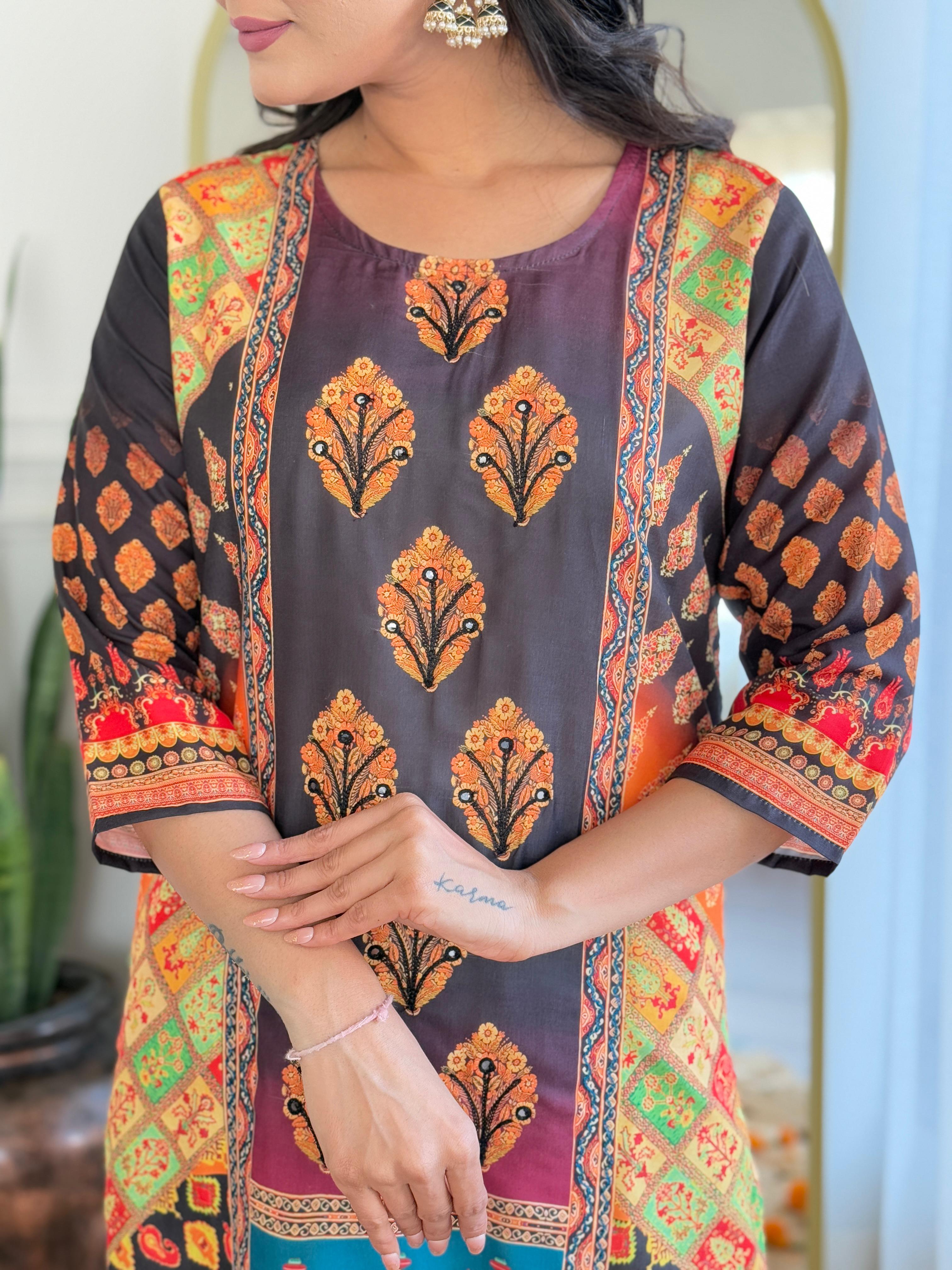 Royal Black & Rust Digital Printed Muslin Suit Set with Intricate Traditional Motifs