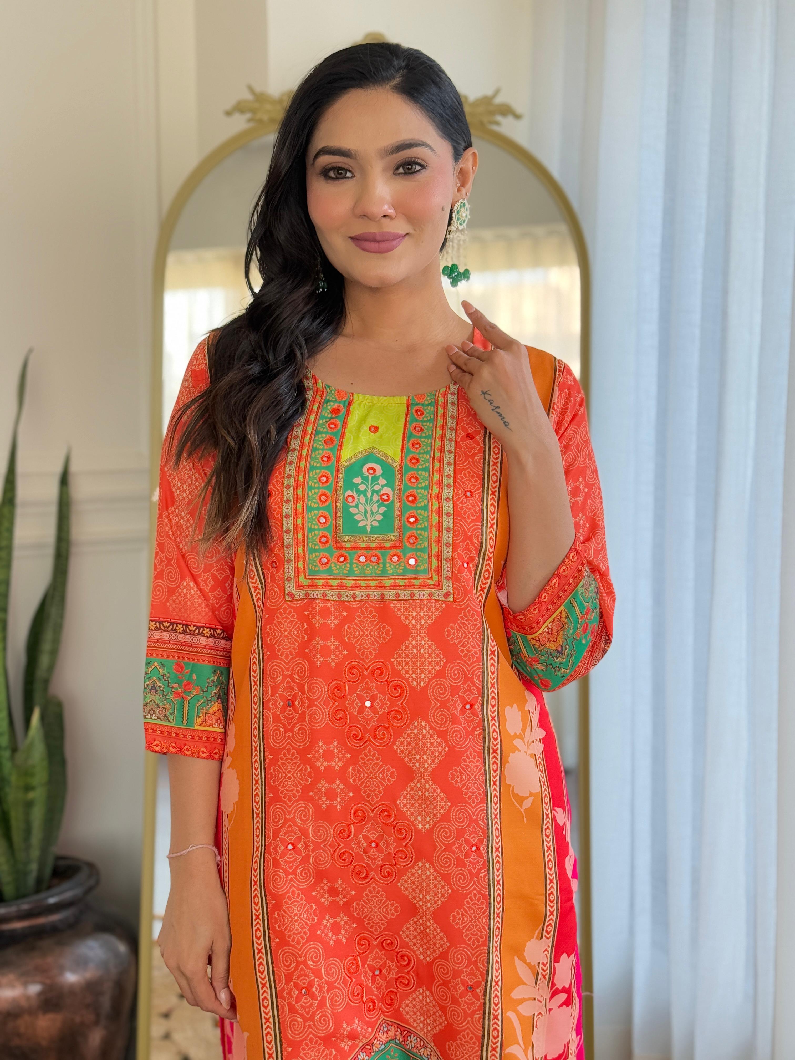 Orange & Green Digital Printed Muslin Suit Set with Embroidered Neckline