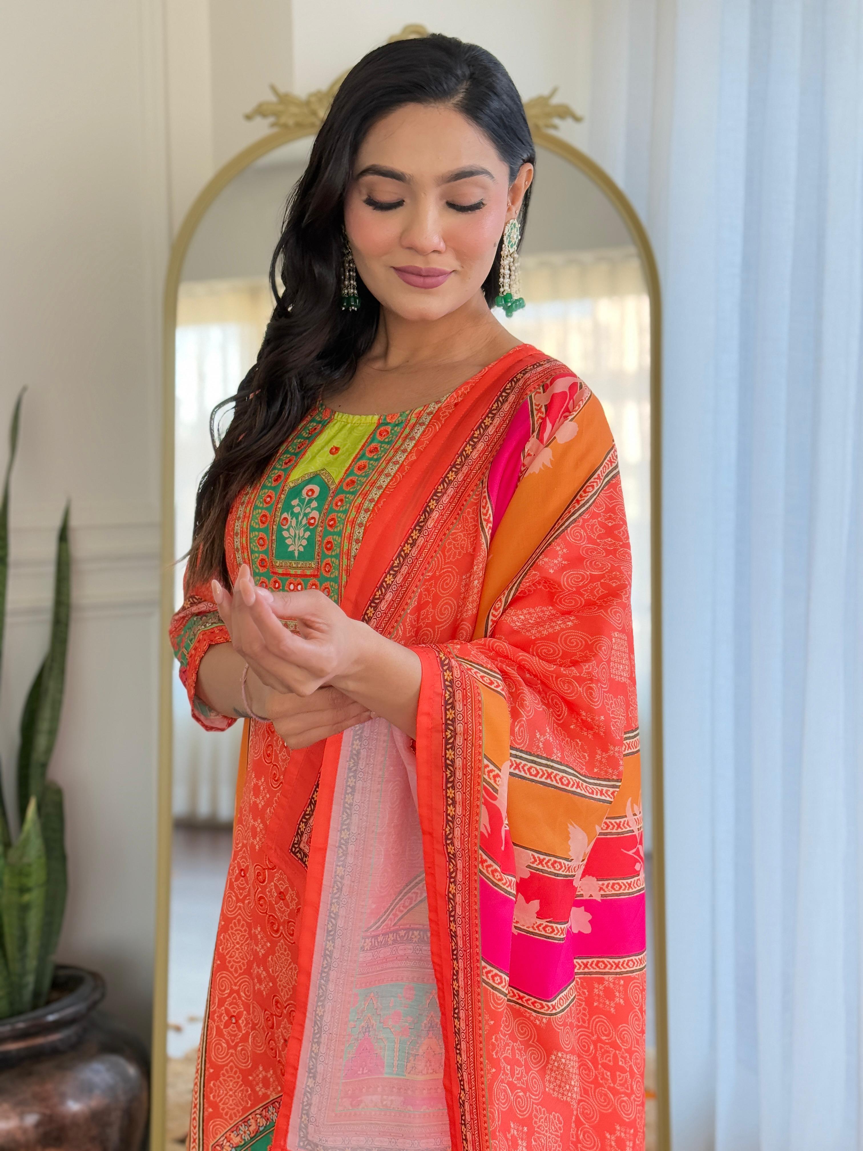 Orange & Green Digital Printed Muslin Suit Set with Embroidered Neckline