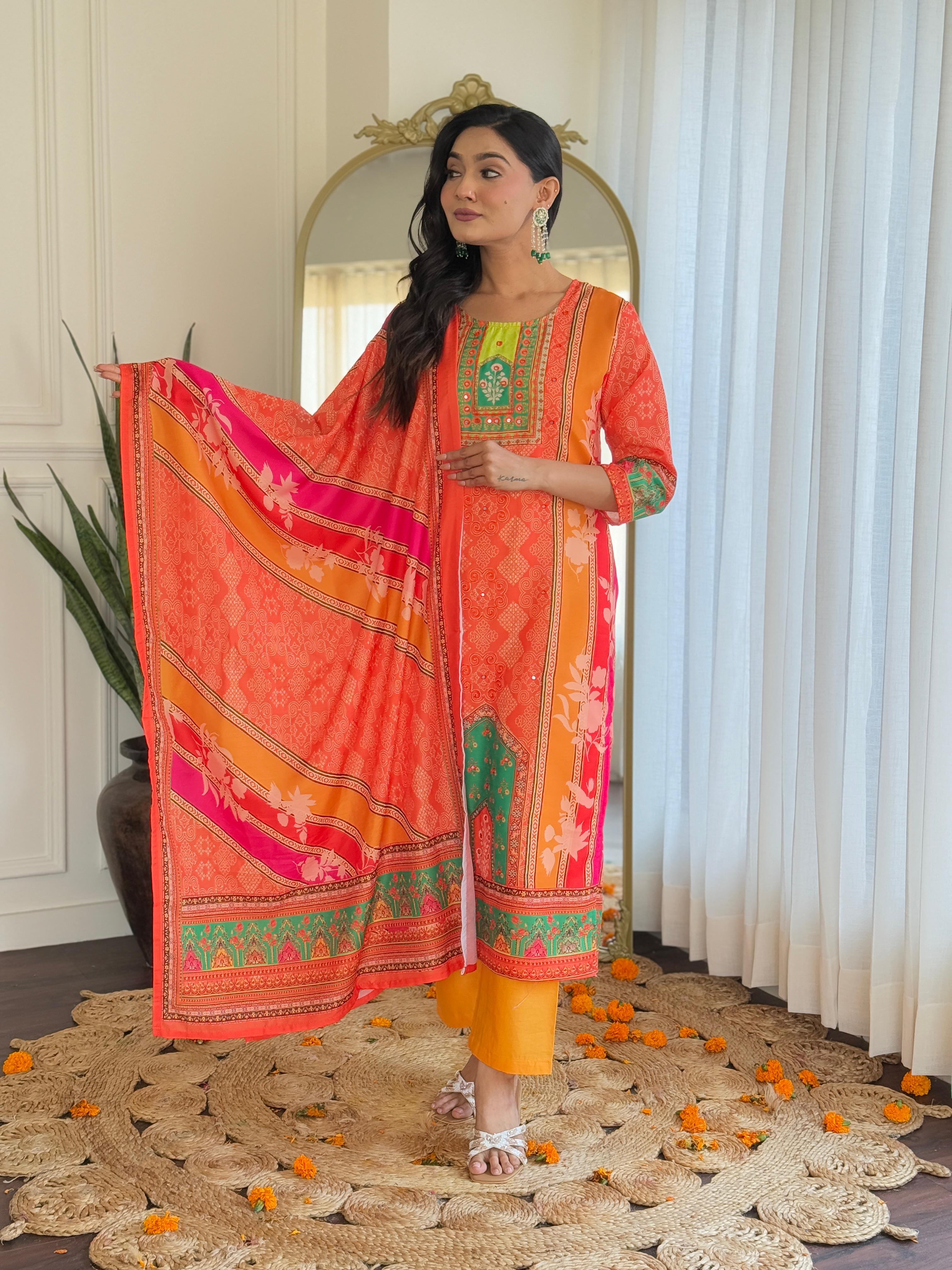 Orange & Green Digital Printed Muslin Suit Set with Embroidered Neckline