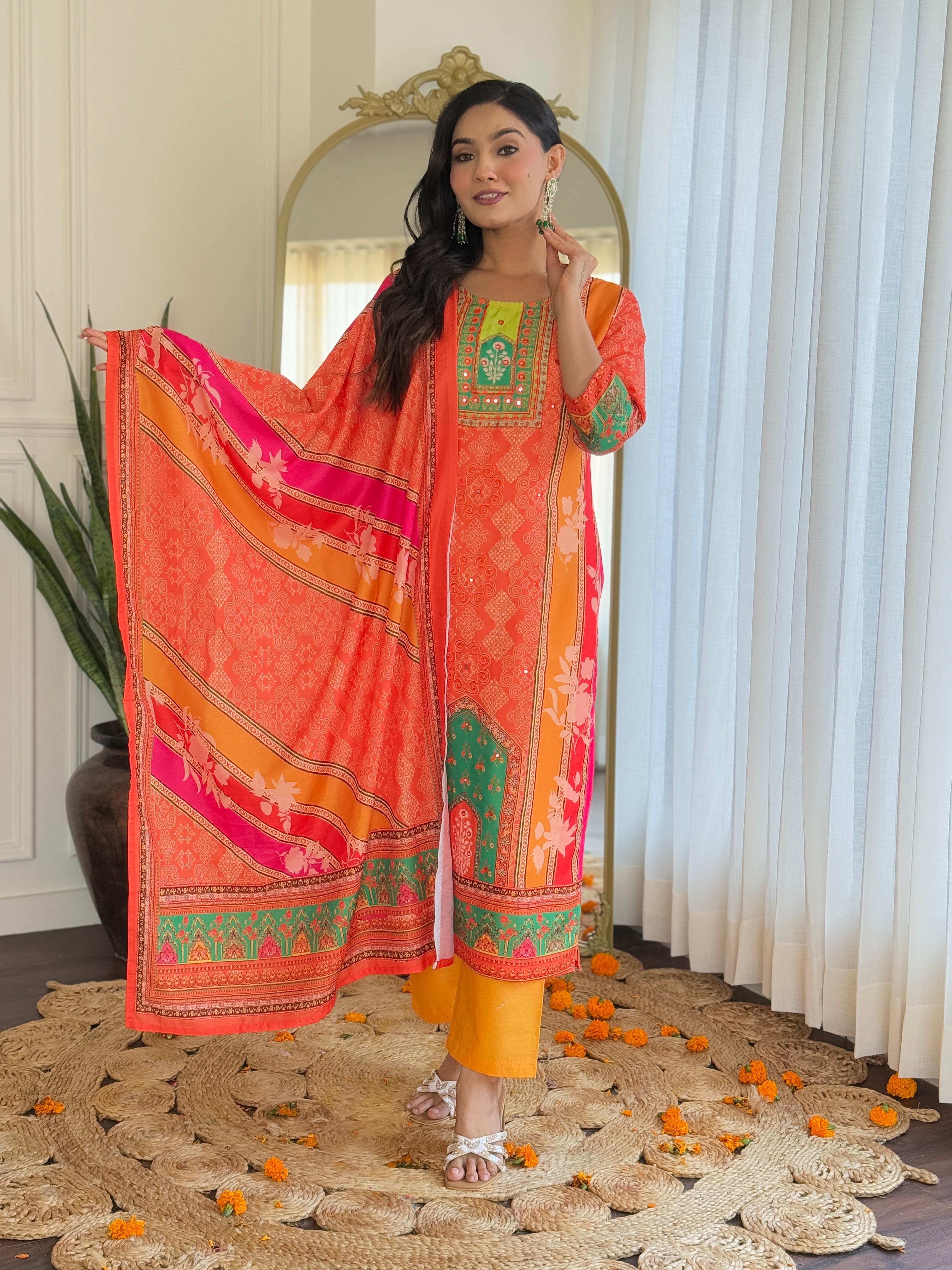 Orange & Green Digital Printed Muslin Suit Set with Embroidered Neckline