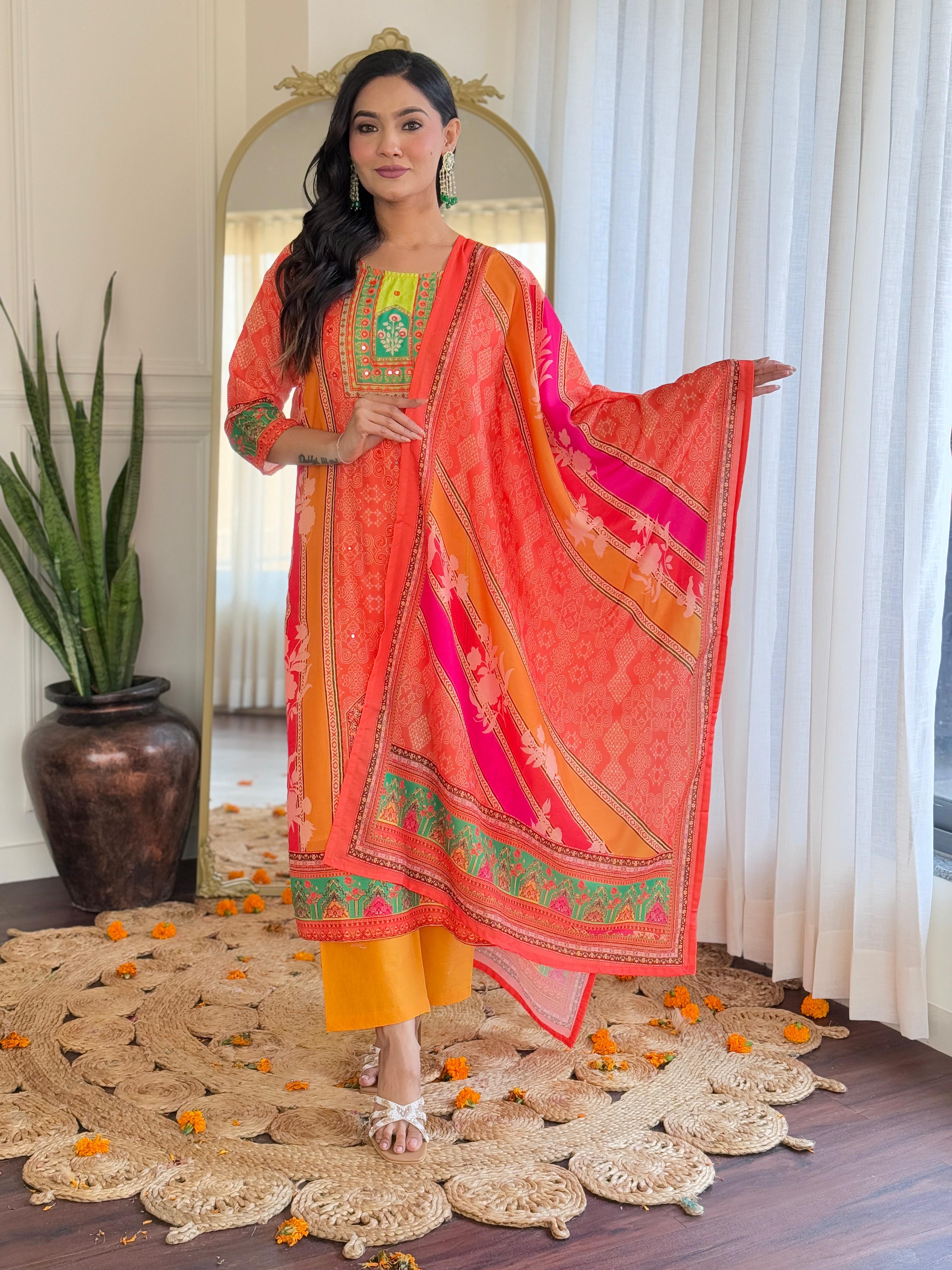 Orange & Green Digital Printed Muslin Suit Set with Embroidered Neckline