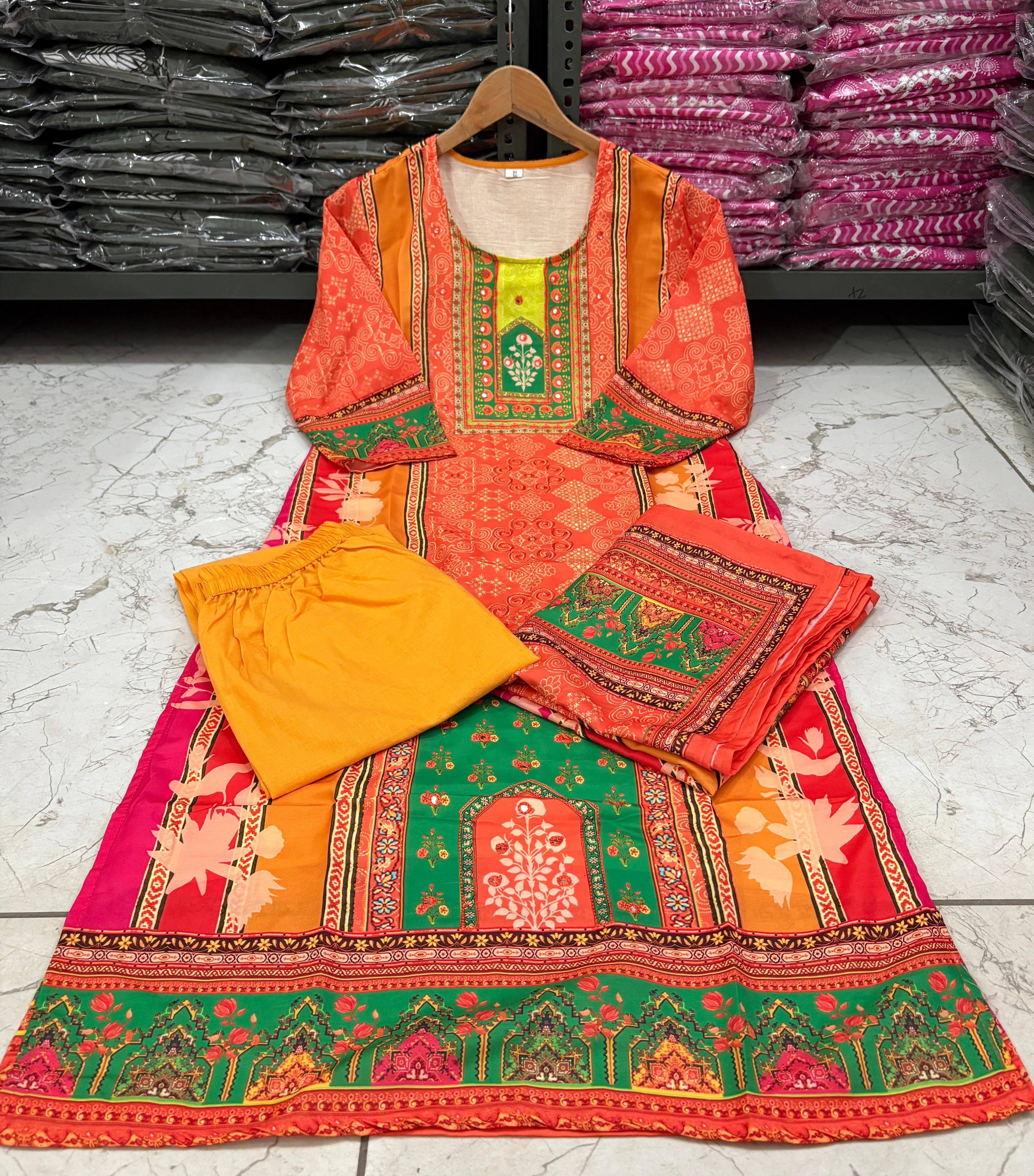 Orange & Green Digital Printed Muslin Suit Set with Embroidered Neckline