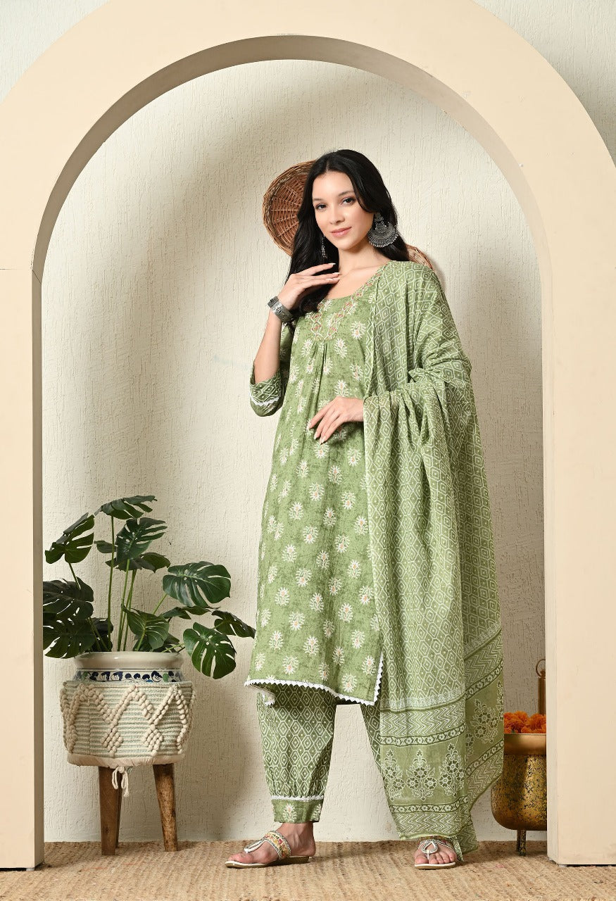 Green Printed Cotton Kurta Set with Elegant Embroidery & Dupatta