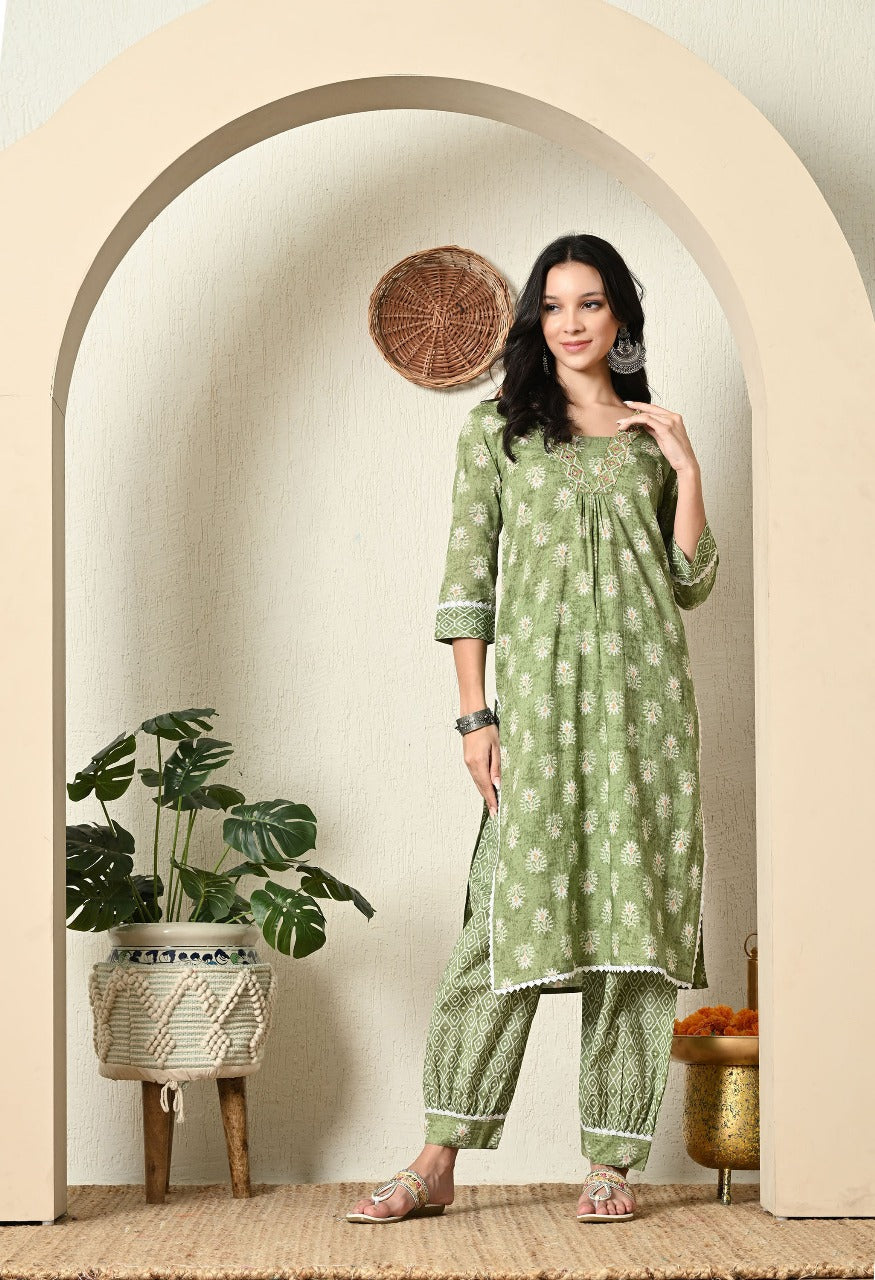 Green Printed Cotton Kurta Set with Elegant Embroidery & Dupatta