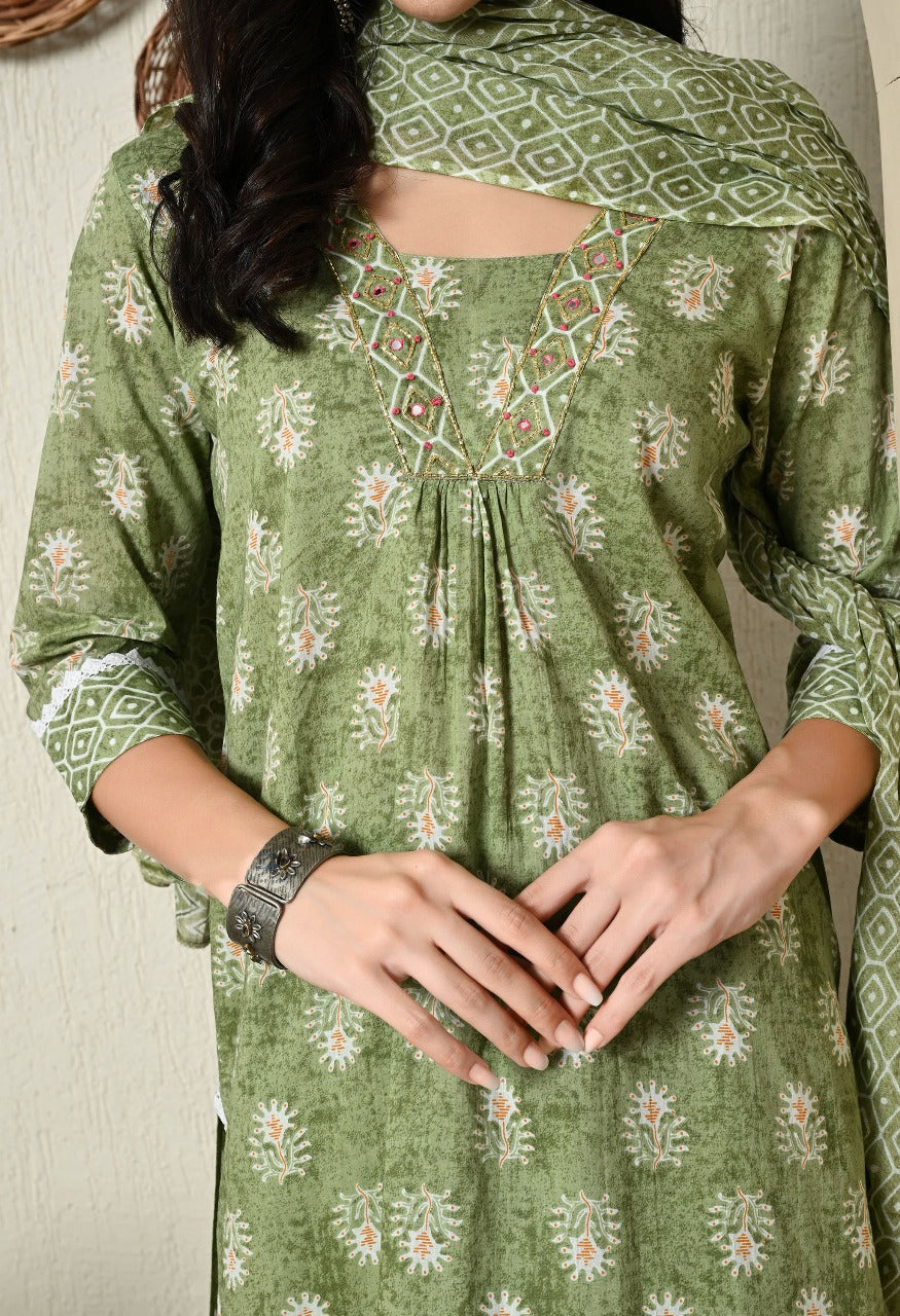 Green Printed Cotton Kurta Set with Elegant Embroidery & Dupatta