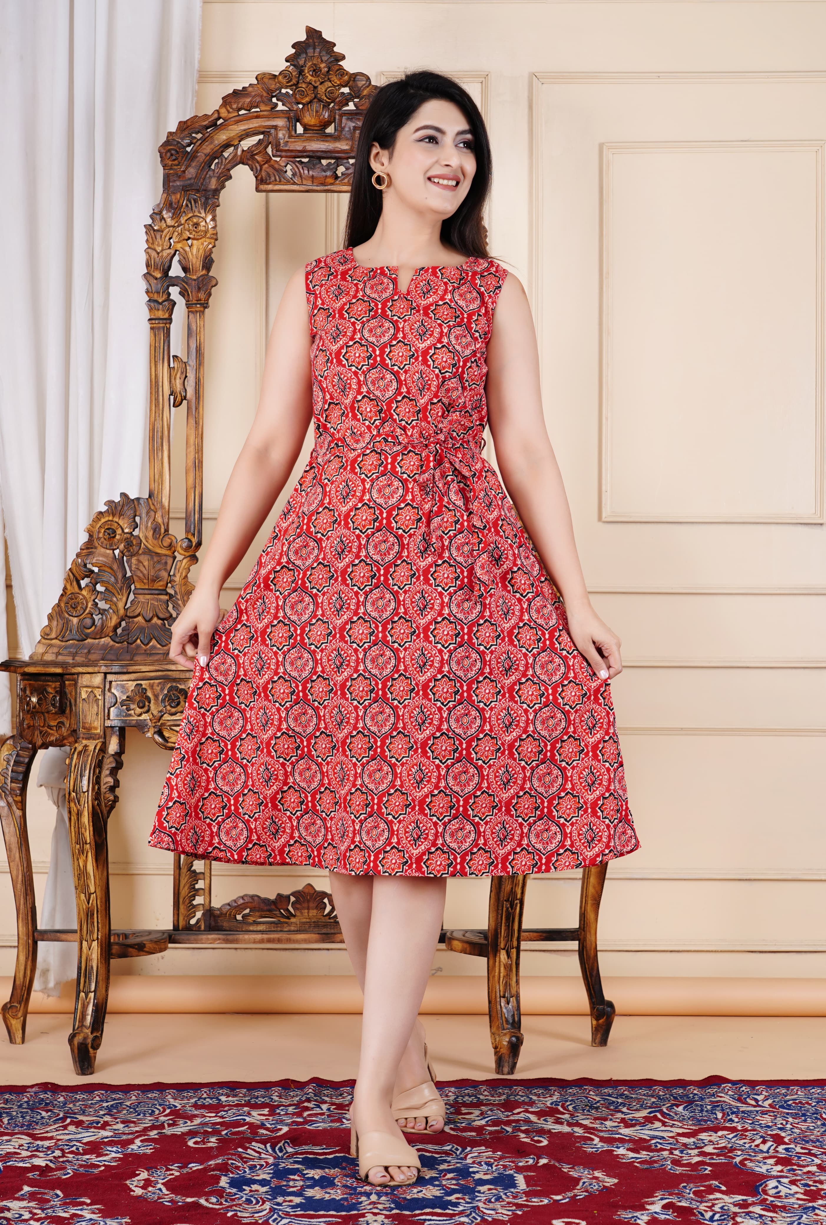 Red  Sleeveless Cotton Midi Dress with Ethnic Print