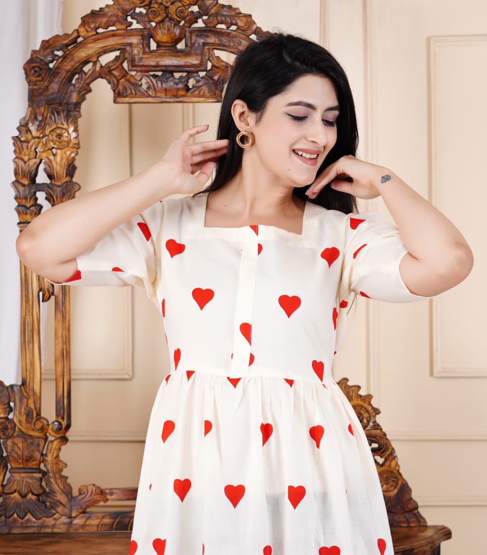 Elegant Cotton Midi Dress with Red Heart Print