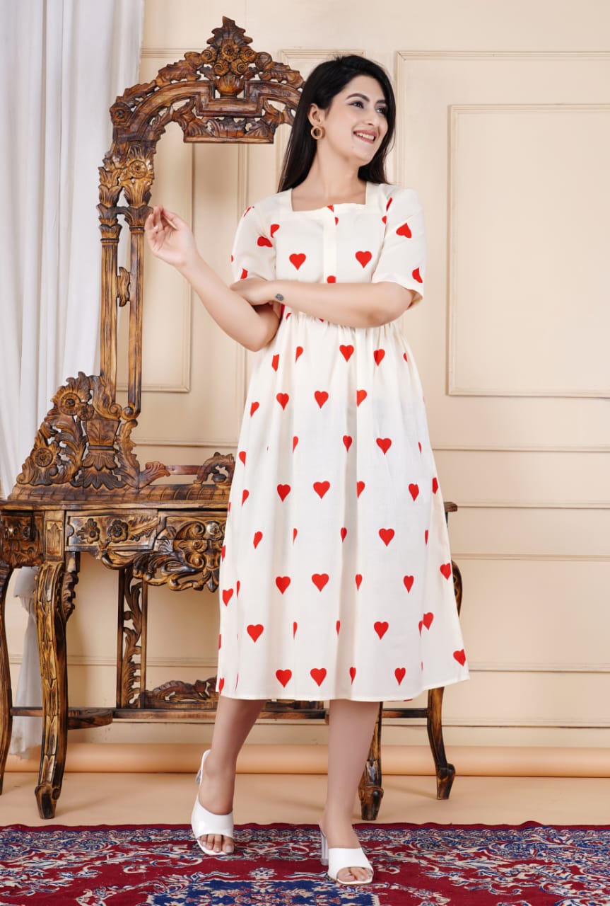 Elegant Cotton Midi Dress with Red Heart Print