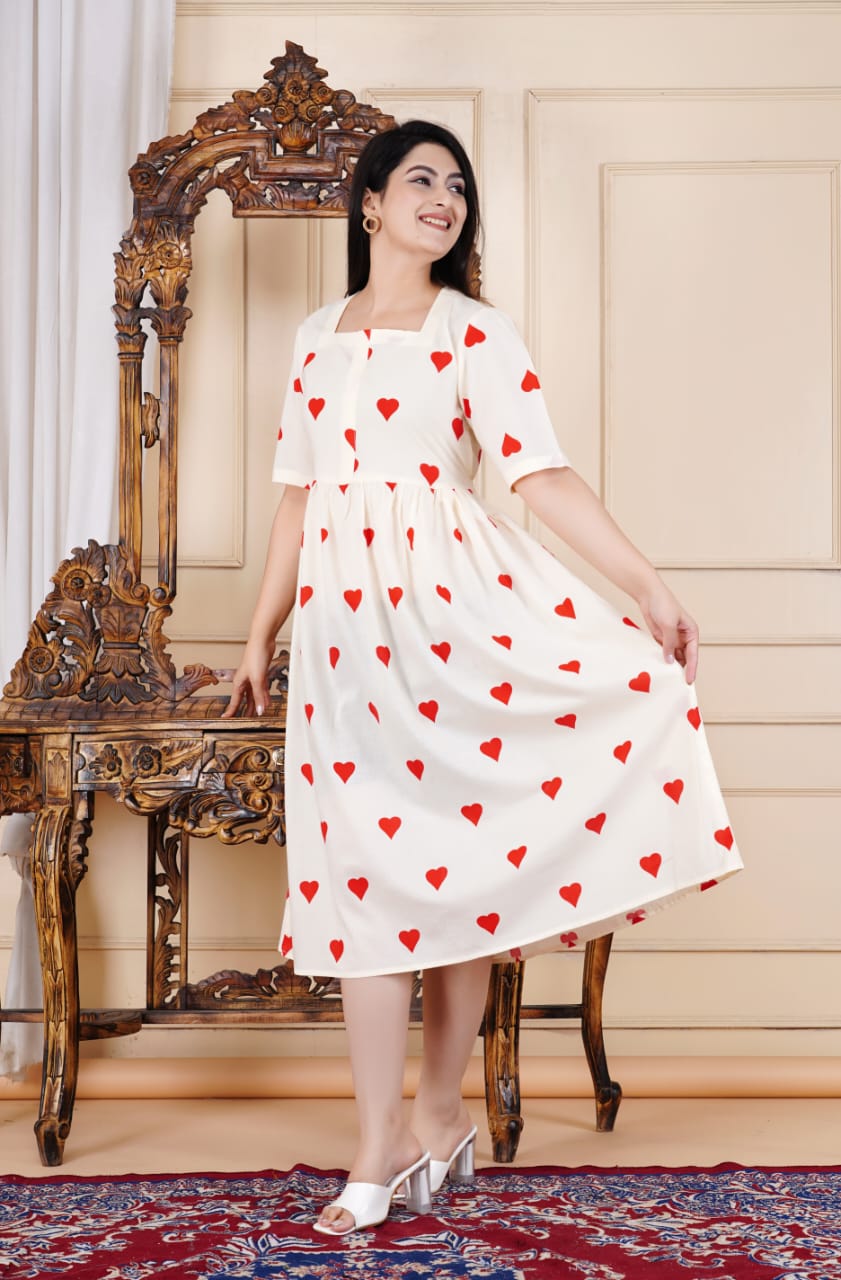 Elegant Cotton Midi Dress with Red Heart Print