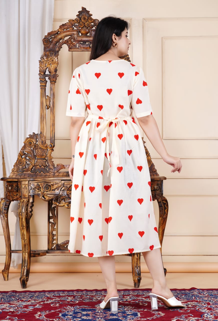 Elegant Cotton Midi Dress with Red Heart Print