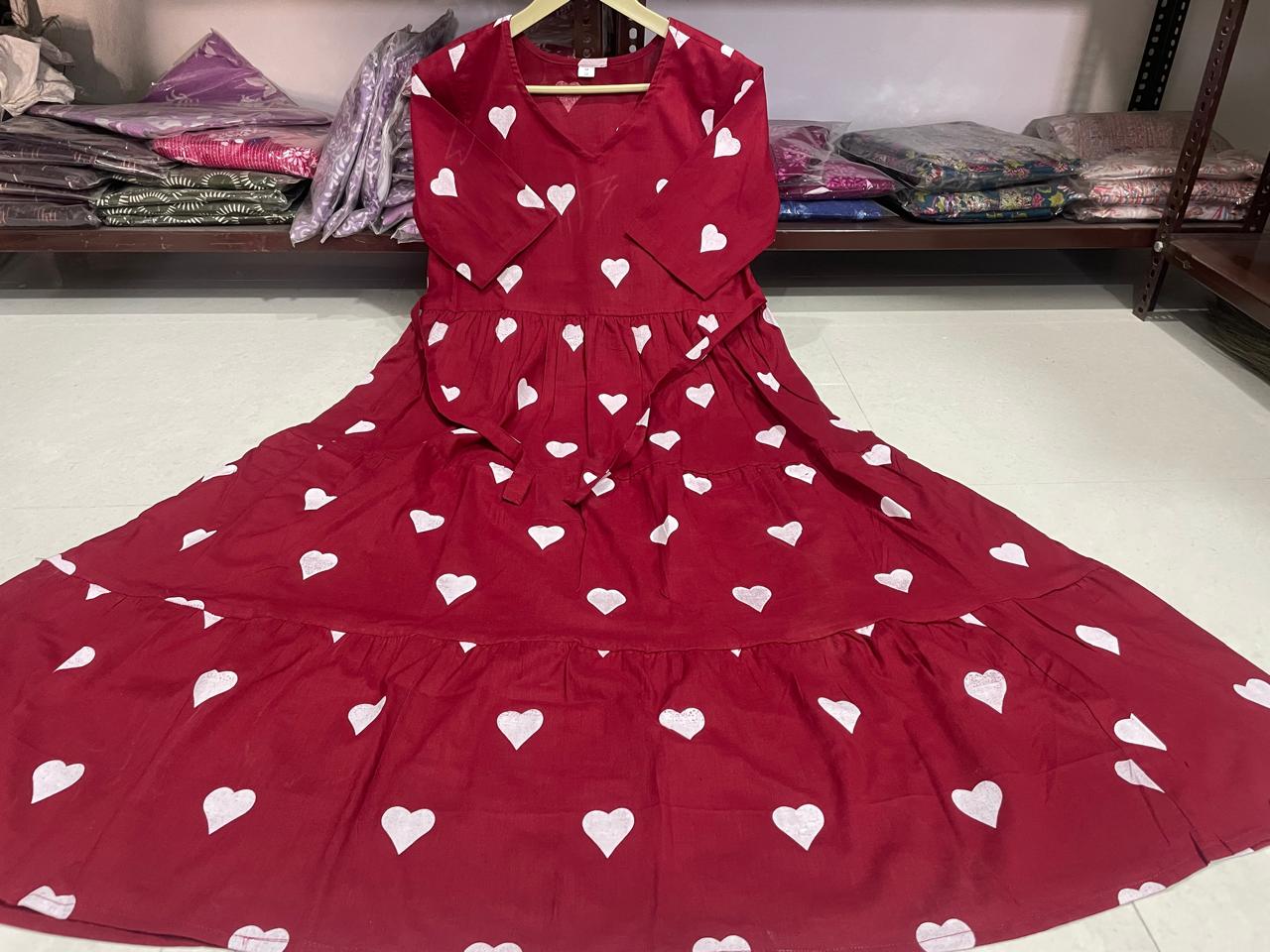 Maroon Cotton Midi Dress with Heart Print