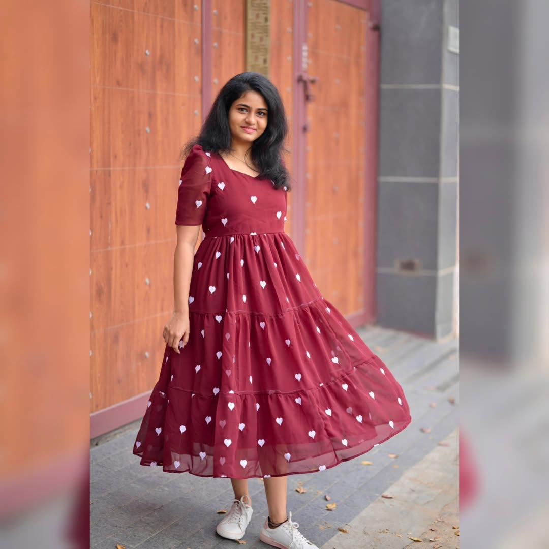 Maroon Cotton Midi Dress with Heart Print