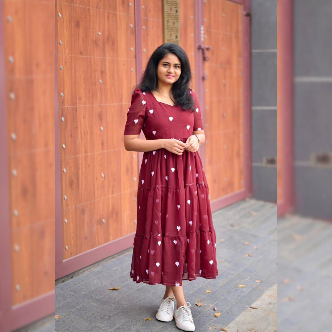 Maroon Cotton Midi Dress with Heart Print