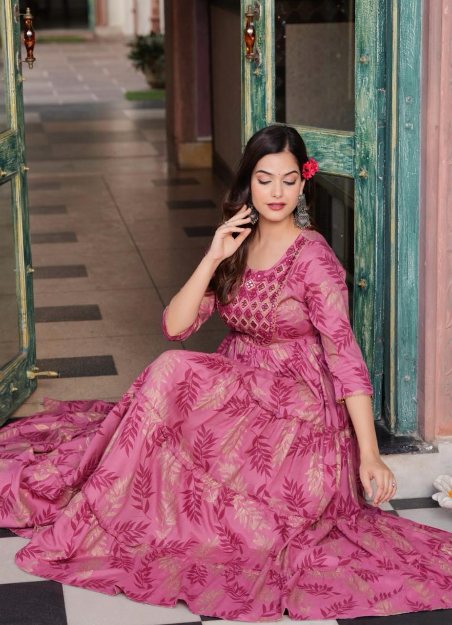Pink Embroidered Anarkali Gown Dress With Gold Foil Print & Intricate Yoke Detailing