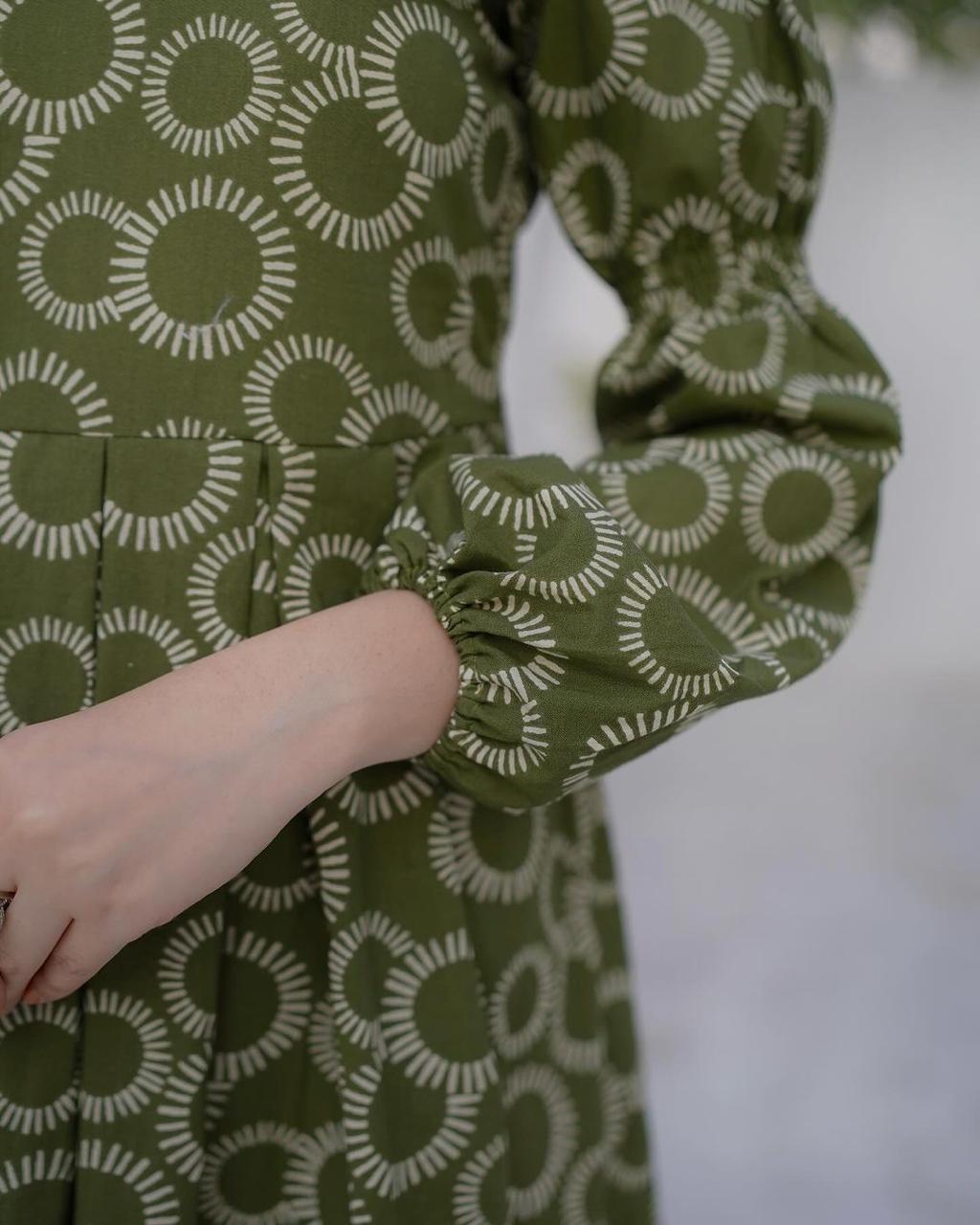 Olive Green Cotton Maxi Dress with Geometric Print & Balloon Sleeves